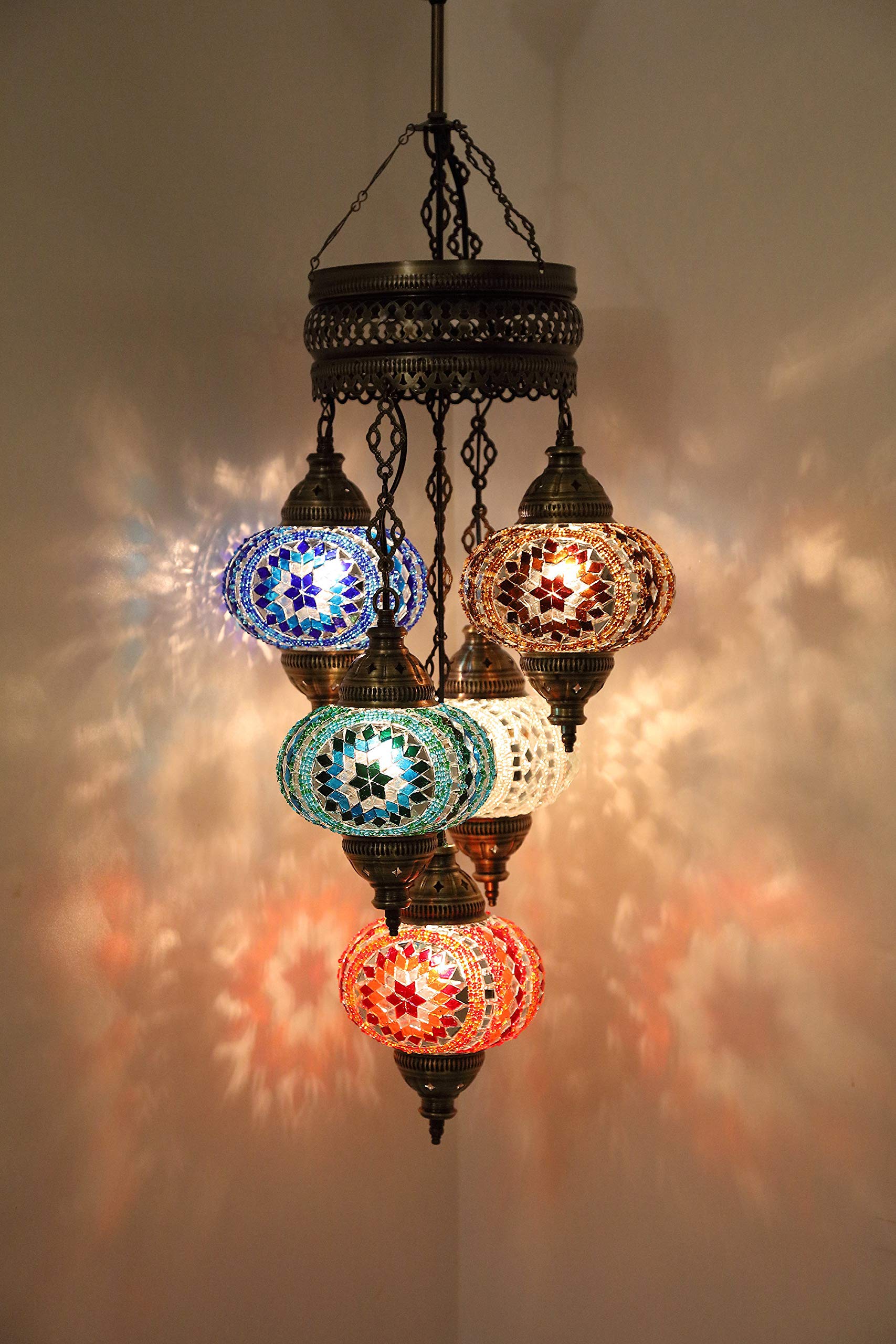 5 Globe Sultan Mosaic Chandelier - Handmade Turkish Tiffany Moroccan Ceiling Pendant Light | Vintage Lantern Lighting Fixture for Living Room, Dining Room & Bedroom Decor | Unique Home Gift Idea
