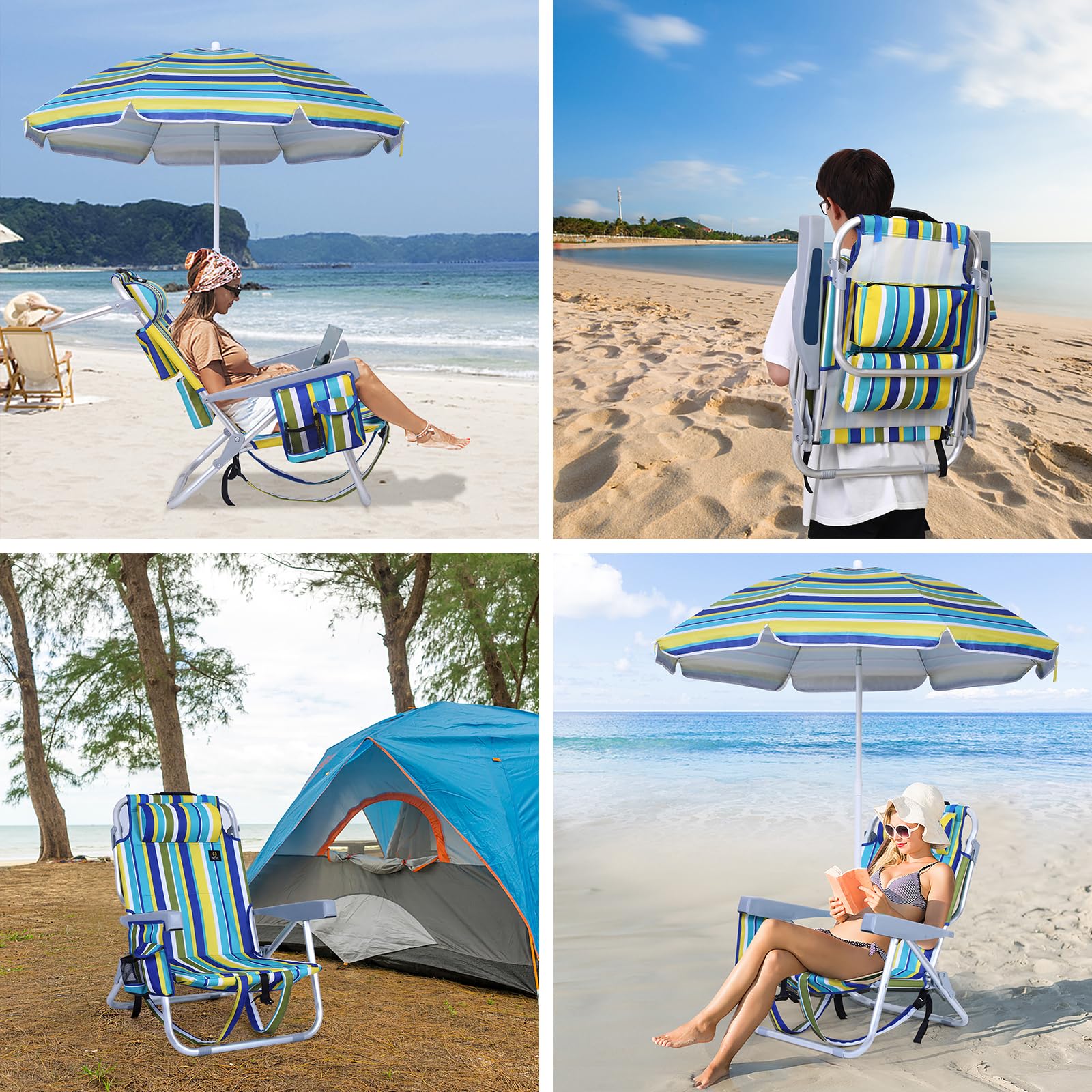 Premium Folding Backpack Beach Chair with Umbrella & Cooler - High Back Support, Cup Holder - Portable Sand Chair for Adults - Perfect for Beach, Pool, Camping & Outdoor Relaxation (Set of 1)