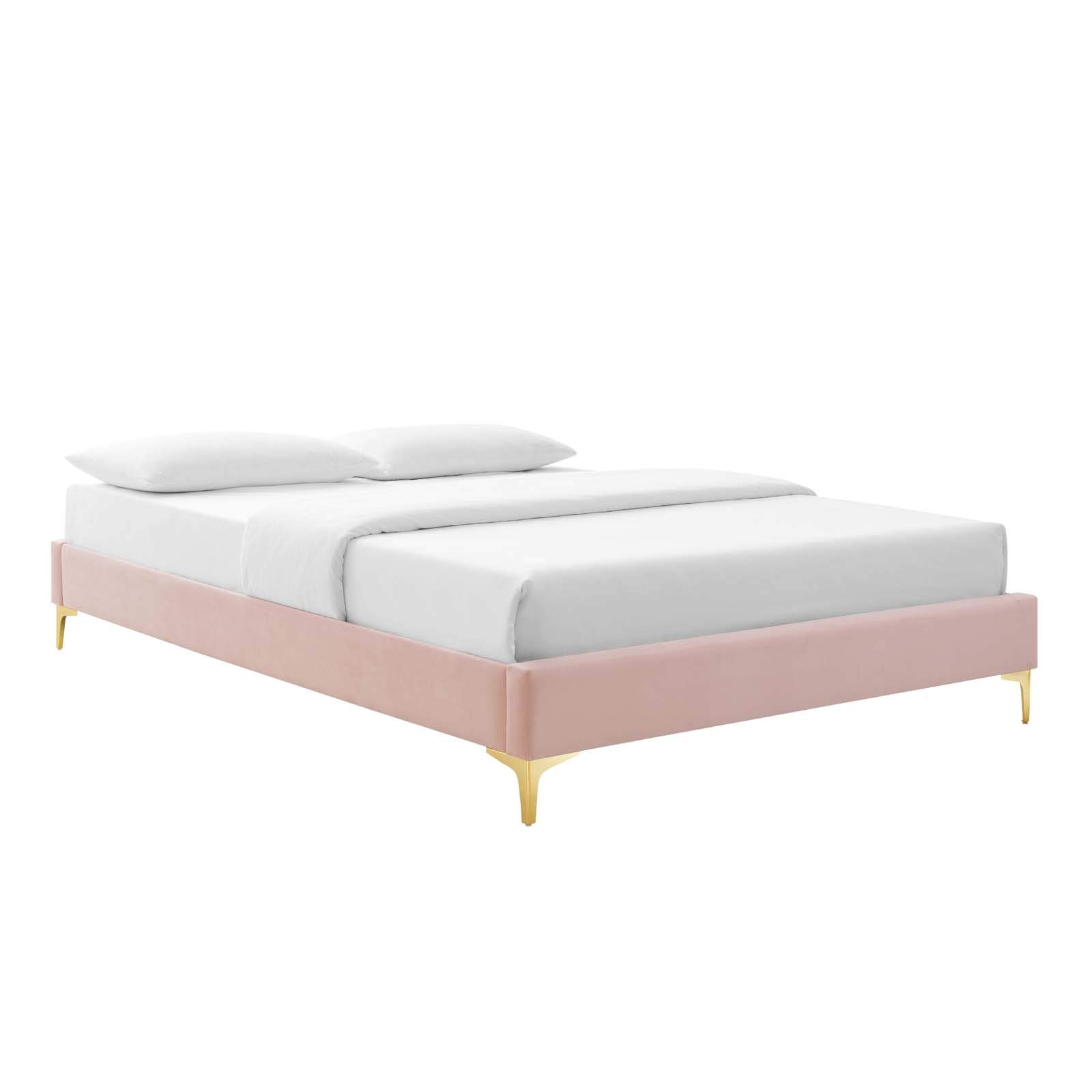 Modway Elise Channel Tufted Performance Velvet King Platform Bed - Pink Velvet Upholstery with Gold Metal Legs - Luxury Bedroom Furniture for Master Suite & Guest Room