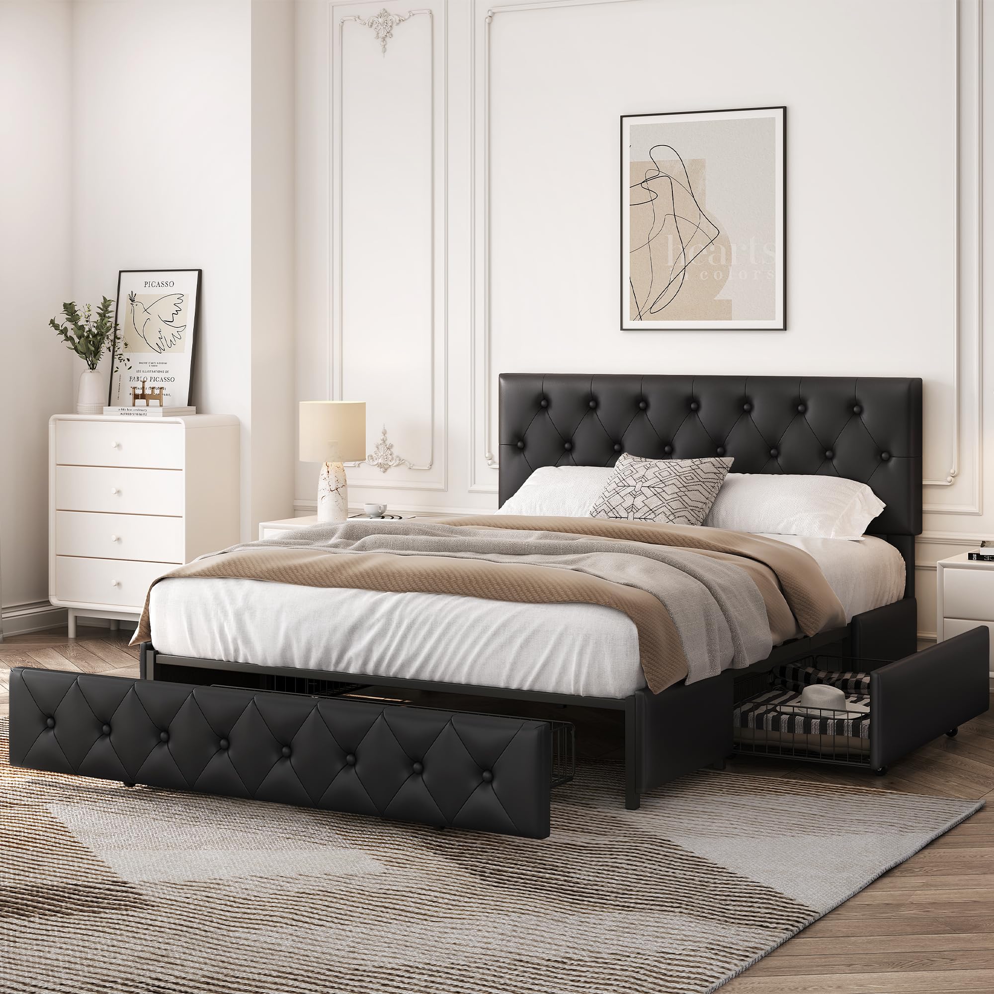 Yaheetech Queen Upholstered Bed Frame with Adjustable Diamond Button-Tufted Headboard & 3 Storage Drawers - Sturdy Wooden Slats Platform Bed - Black - Perfect for Small Bedrooms & Guest Rooms