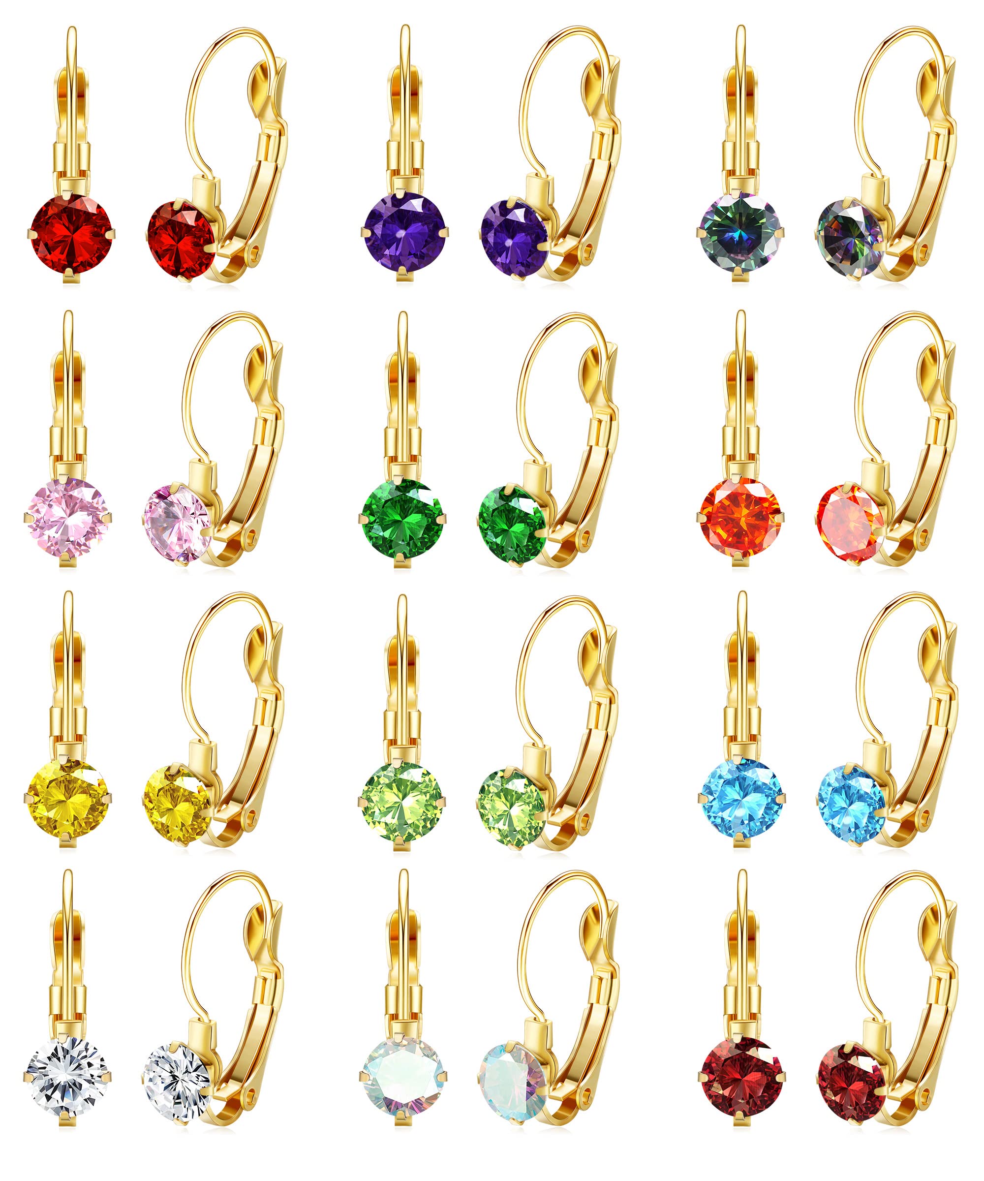 Kakonia 12 Pairs Leverback Earrings for Women - 316L Stainless Steel Birthstone Dangle Earrings with 6MM Multicolor Cubic Zirconia | Hypoallergenic Jewelry Set for Everyday Wear, Gift Giving & Special Occasions