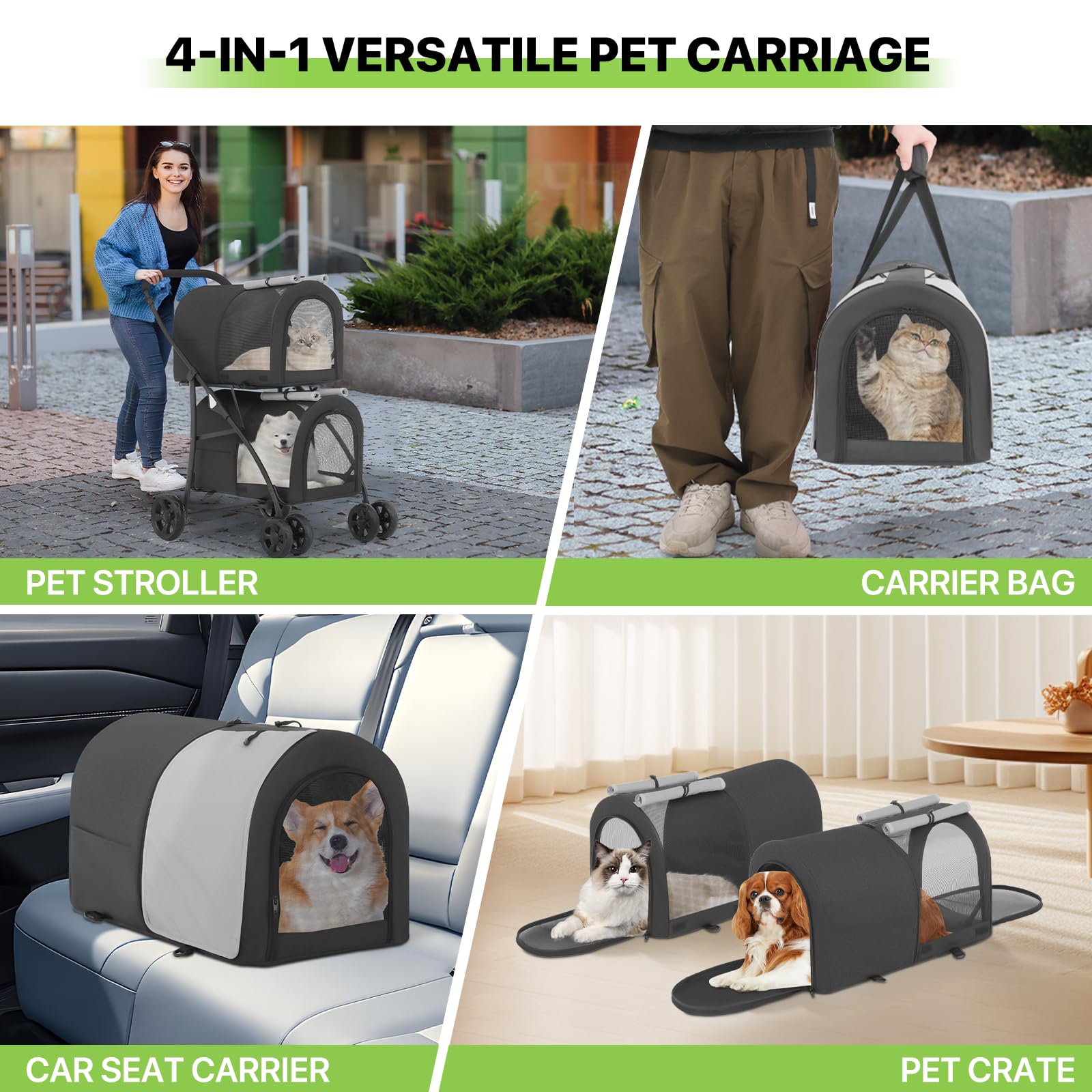 **Magshion Double Dog Stroller with 2 Detachable Carrier Bags - 4-Wheel Folding Pet Travel Cart for Small & Medium Dogs & Cats - Includes Storage Pocket - Black/Gray - Perfect for Park Walks, Vet Visits & Shopping Trips**