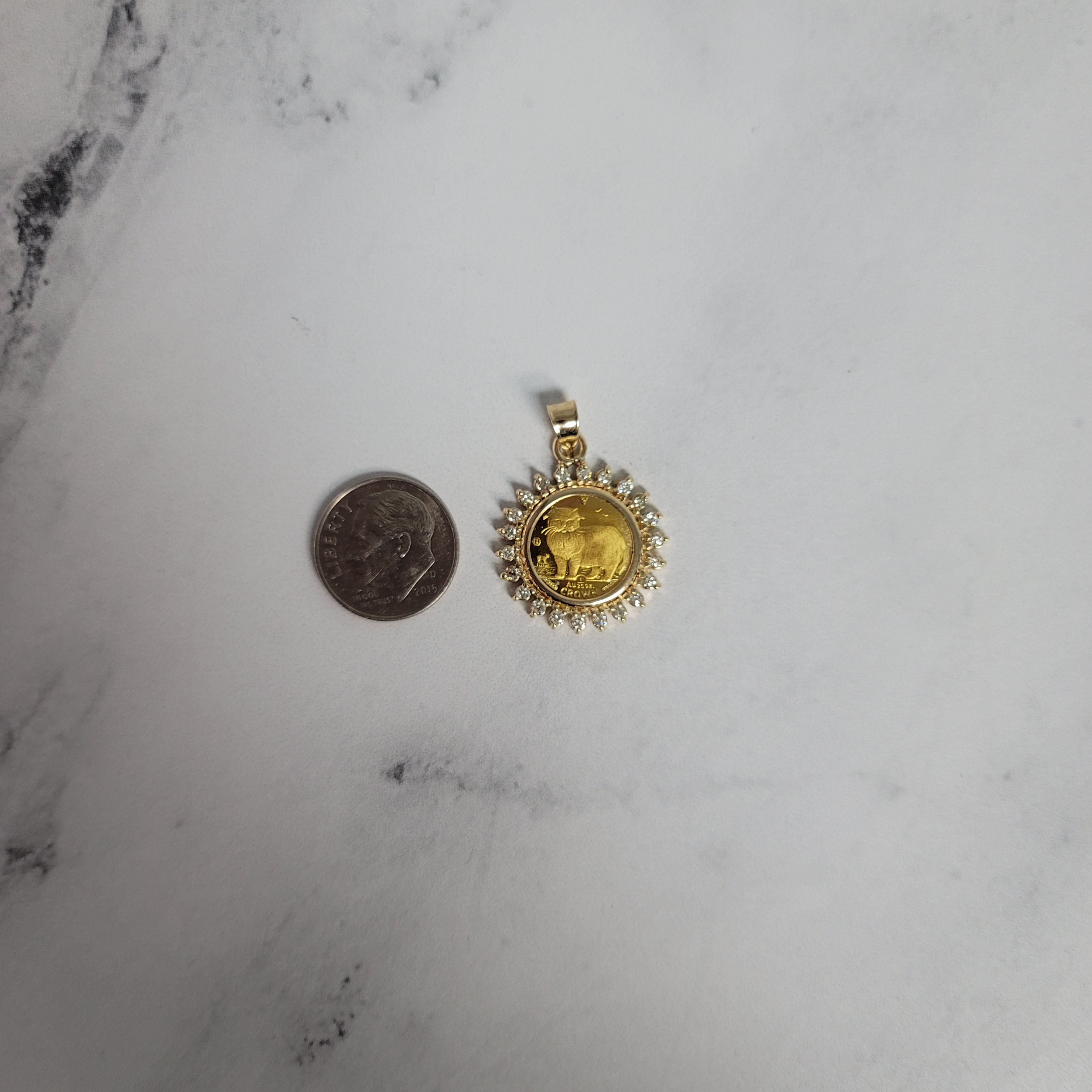 Queen Elizabeth Isle of Man Gold Coin Necklace with Diamond Halo - Vintage British Royal Jewelry for Women - Perfect Gift for Anniversary, Birthday & Special Occasions