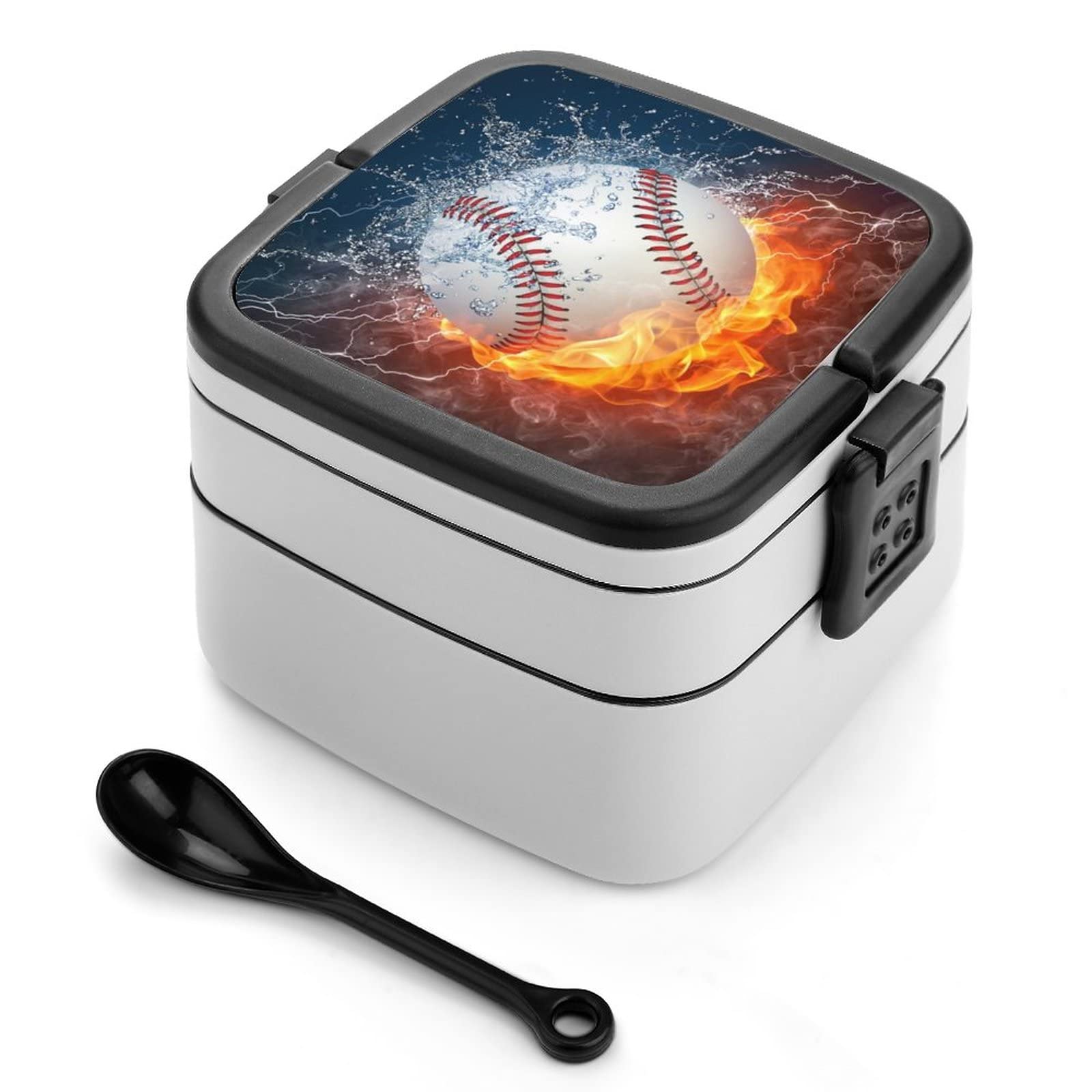 Custom Personalized Baseball Bento Box for Men & Kids - Double Layer Leakproof Lunch Container with Name & Water/Fire Print - Durable Lunch Box with Handle for Work, School & Picnics