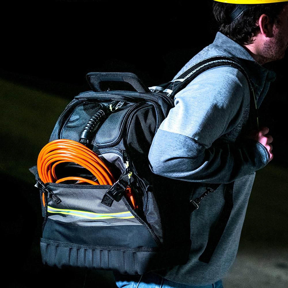 Bucket Boss High-Visibility Pro Tech Tool Pack - 32 Pockets, Waterproof Zipper & Molded Rubber Bottom, StayPut Handle Grips - Grey (65180-HV) - Perfect for Construction Workers, Electricians & DIY Home Improvement Projects