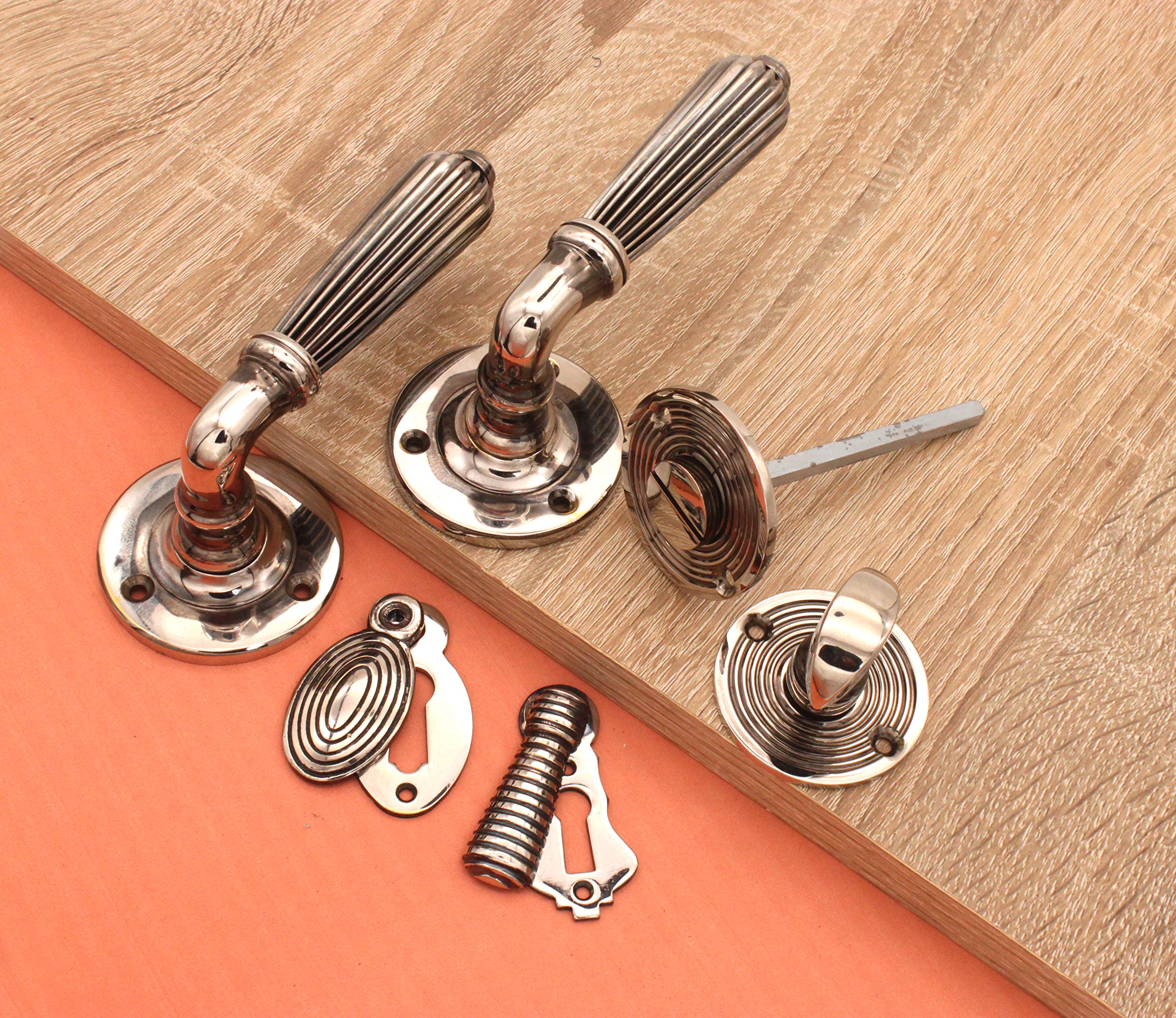 Vintage Regency Lever Mortice Door Handle with Escutcheons - Privacy Nickel Finish (Lever Handle + Bath Thumb Turn) - Perfect for Bedroom, Bathroom & Interior Doors