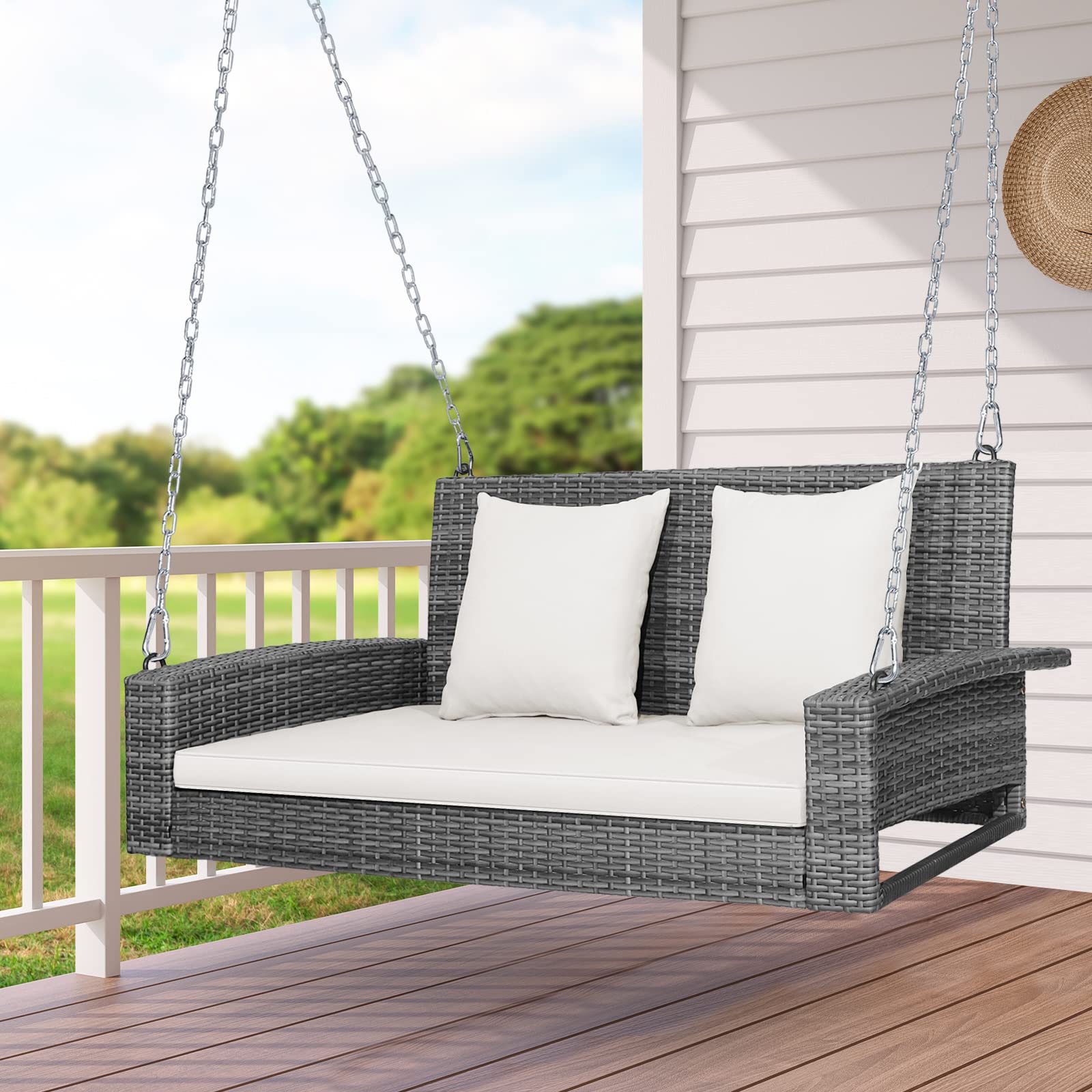 Tangkula 2-Person Wicker Hanging Porch Swing with Cushions - 800LB Capacity Outdoor Rattan Swing Chair with Rustproof Steel Chains - Perfect for Patio, Garden, Balcony & Backyard Relaxation