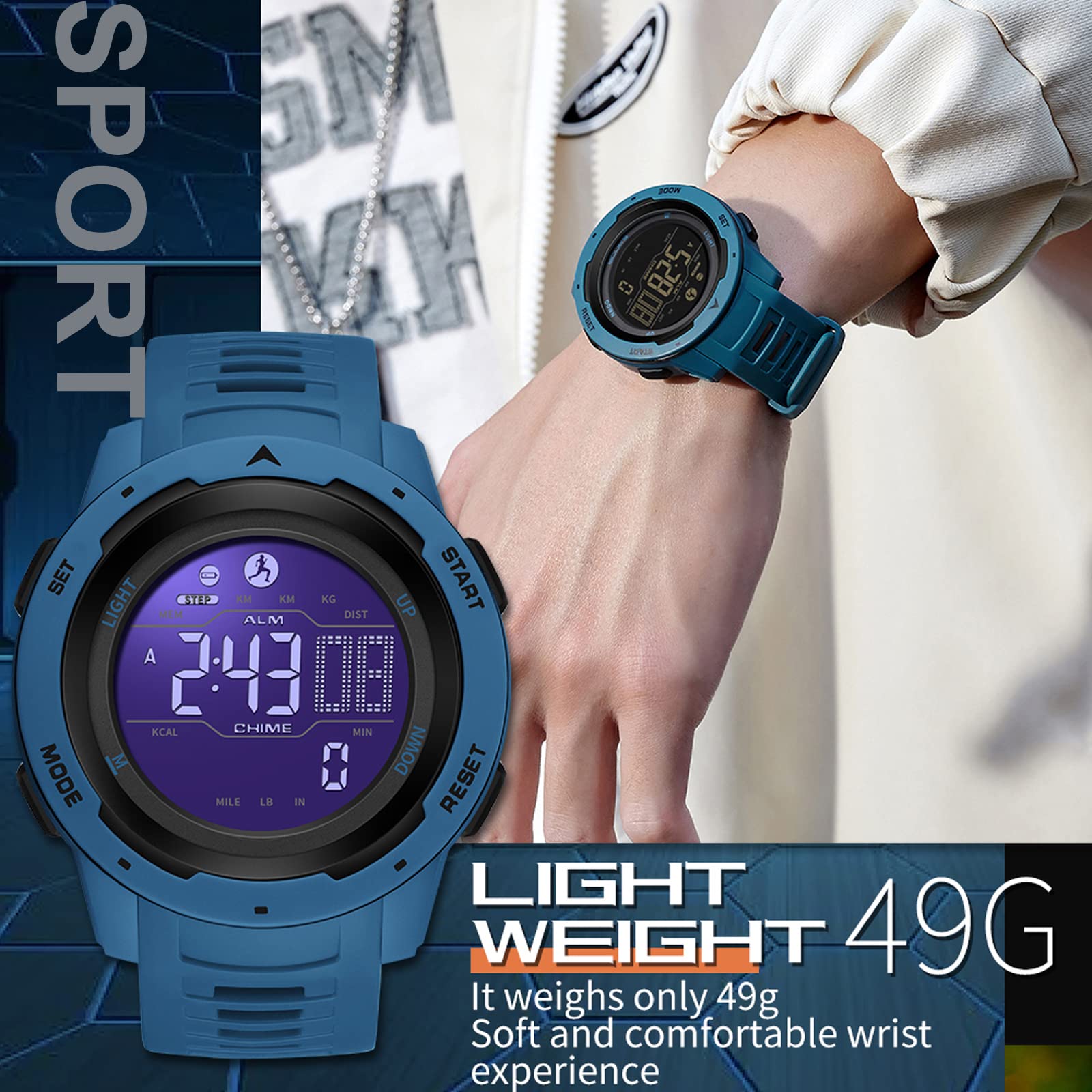Findtime Men's Digital Sports Watch - Waterproof Military Watch with Step Counter, Calorie Tracker, Stopwatch, Alarm & LED Backlight | Perfect for Running, Gym Workouts & Outdoor Activities