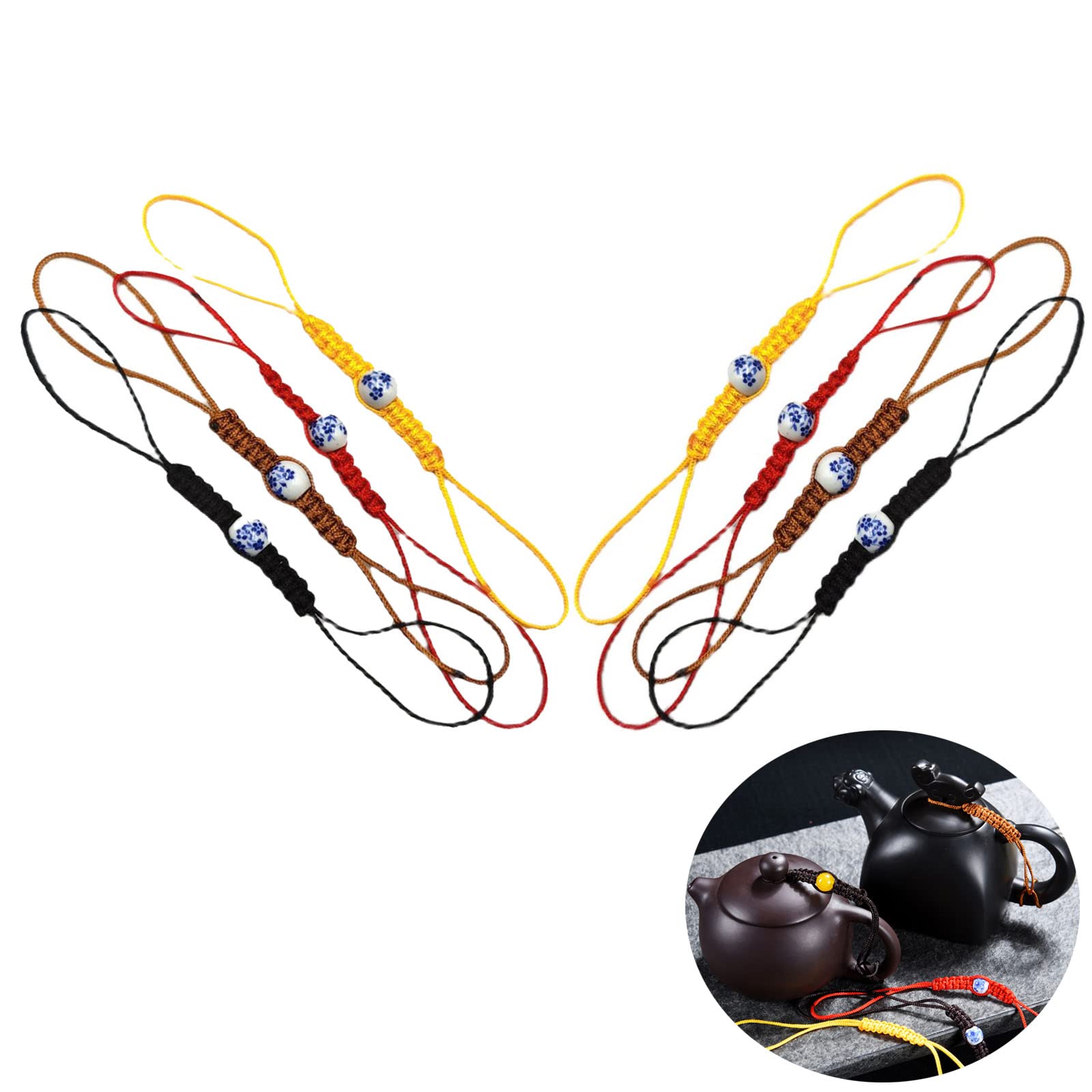 8-Piece Hand-Woven Teapot Rope Set - Traditional Kung Fu Tea Ceremony Accessories with Porcelain Beads - Ceramic Teapot & Cup Cover Ropes for Chinese Tea Culture Enthusiasts (Perfect for Gongfu Tea Ceremonies, Tea Parties & Home Decor)