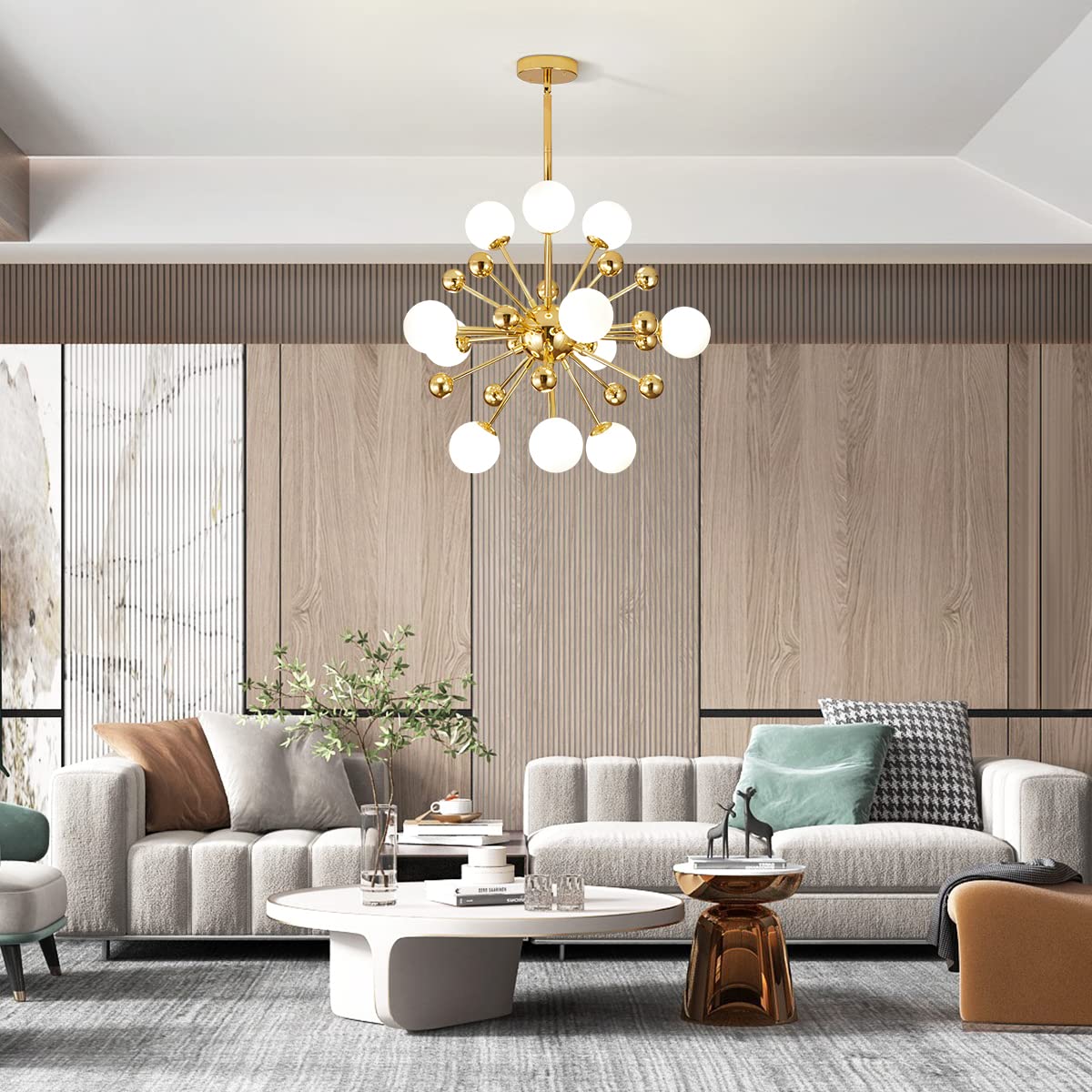 Modern 11-Lights Globe Sputnik Chandelier - Mid Century Gold & White Starburst Chandelier Lighting Fixture with Glass Balls - Perfect for Kitchen Island, Dining Room, or Living Room Pendant Lighting (11-Lights)