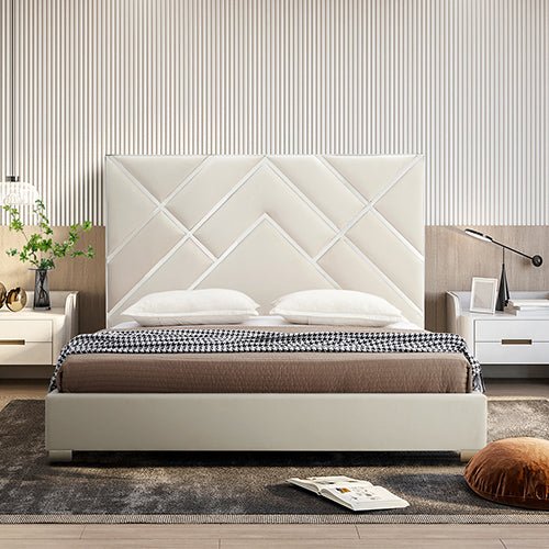 Luxe Matrix Queen Bed Frame - Beige Upholstered Platform Bed with Wooden Slats | Modern Bedroom Furniture for Master Suite, Guest Room & Apartment
