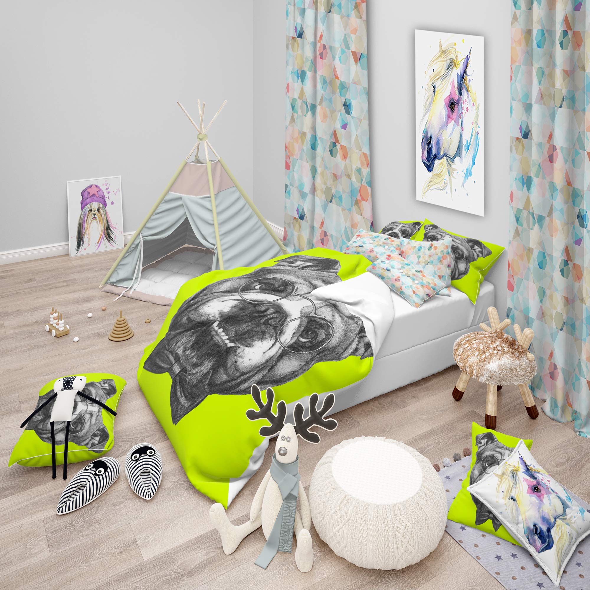 DesignQ English Bulldog with Bow Tie Grey Duvet Cover Set Queen Size - 3 Piece Animal Print Bedding Set for All Seasons | Cozy Home Decor for Dog Lovers & Pet-Themed Bedrooms