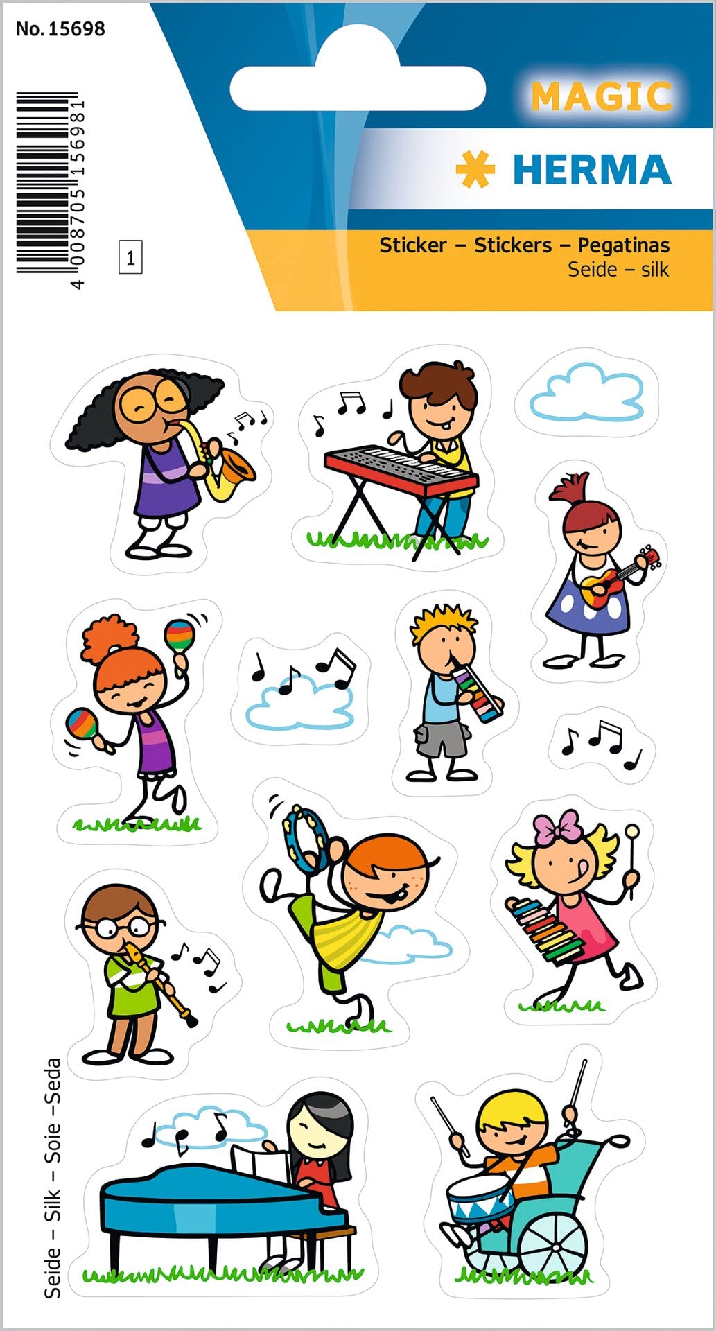 HERMA 15698 Music School Stickers - 13 Colorful Self-Adhesive Silk Stickers with Music Motifs for Kids, Boys & Girls - Perfect for Scrapbooking, DIY Crafts, School Projects & Sticker Albums
