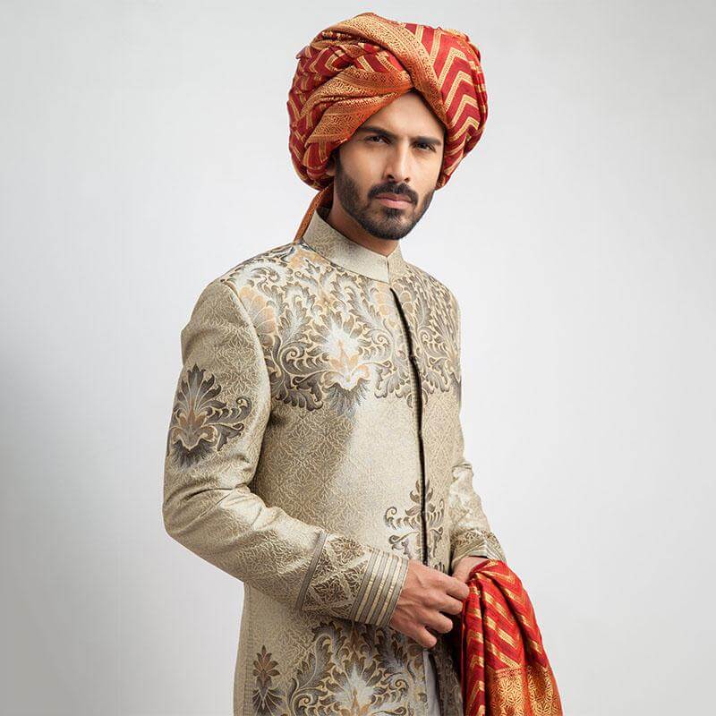 Elegant Ecru & Grey Brocade Sherwani for Men - Traditional Indian Wedding Attire - Perfect for Weddings, Festivals & Special Occasions