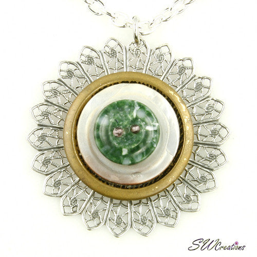 Elegant Moss Green Gold Silver Button Pendant Necklace - Perfect for Casual Wear, Parties & Gift Giving