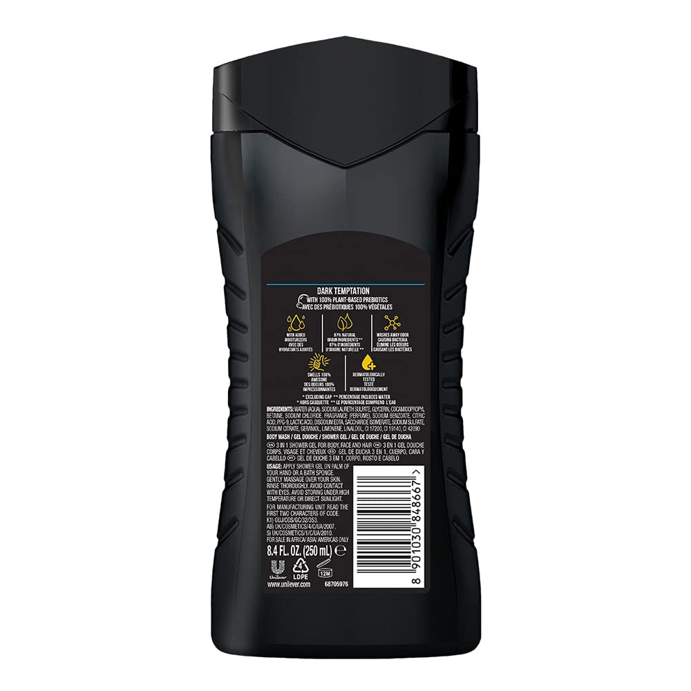 AXE Dark Temptation 3-in-1 Body Wash, Face Wash & Shampoo for Men | Long-Lasting Dark Chocolate Scent | Natural Ingredients | Odor & Bacteria Protection | Dermatologist Tested 8.4oz | Perfect for Gym, Travel & Daily Shower Routine