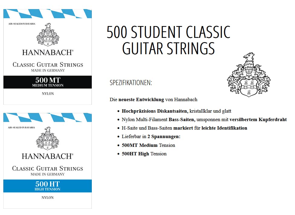 Hannabach Classic Guitar Strings Set - Medium Tension Nylon Filament with Silver-Plated Copper Wire (500MT) | Perfect for Classical Guitarists & Professional Performances