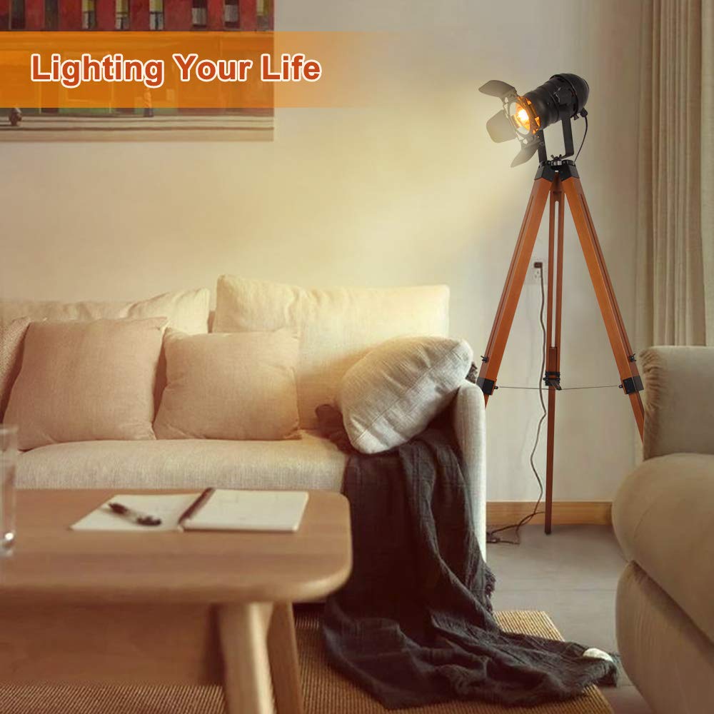 **Industrial Floor Lamp - Adjustable Tripod Standing Light with Wood Base & Metal Shade, E26 Socket for Living Room, Bedroom, Office, Studio & Farmhouse Decor - Perfect for Reading, Cinema Lighting & Retro Ambiance**