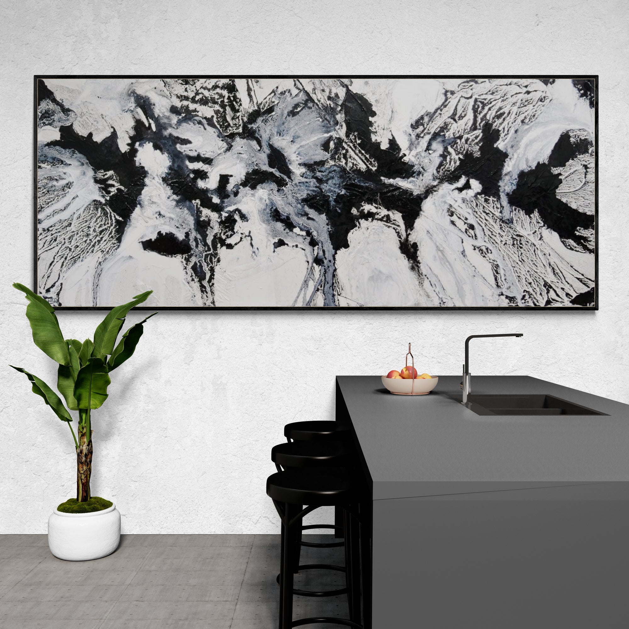 240cm x 100cm White Black Textured Abstract Iced Carbon Painting - Modern Wall Art for Living Room, Bedroom & Office Decor
