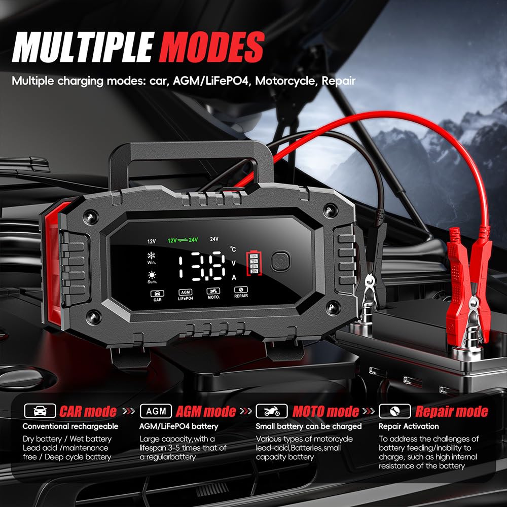 12V/24V Smart Battery Charger for Car, Truck, Motorcycle - Auto Maintenance & Repair