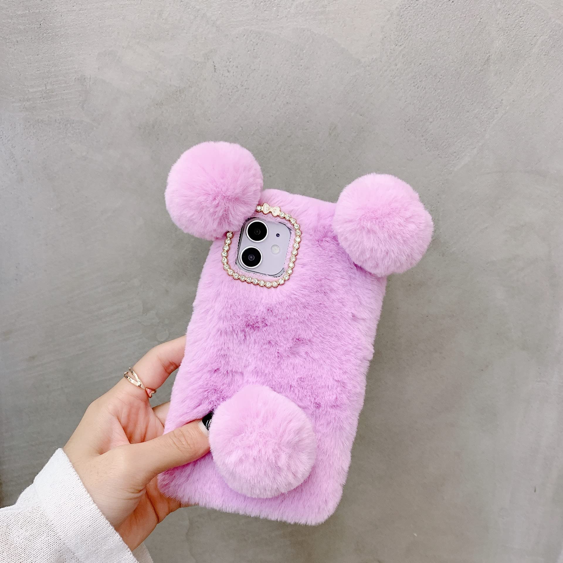 Fluffy Plush Furry Phone Case for iPhone 6S Plus - Winter Warm Soft Protective Cover with Rabbit Fur, Cartoon Bear Ears & Glitter Diamond Bowknot - Cute Cases for Women & Girls (White/Black) - Perfect for Winter Fashion, Daily Use & Gift Giving