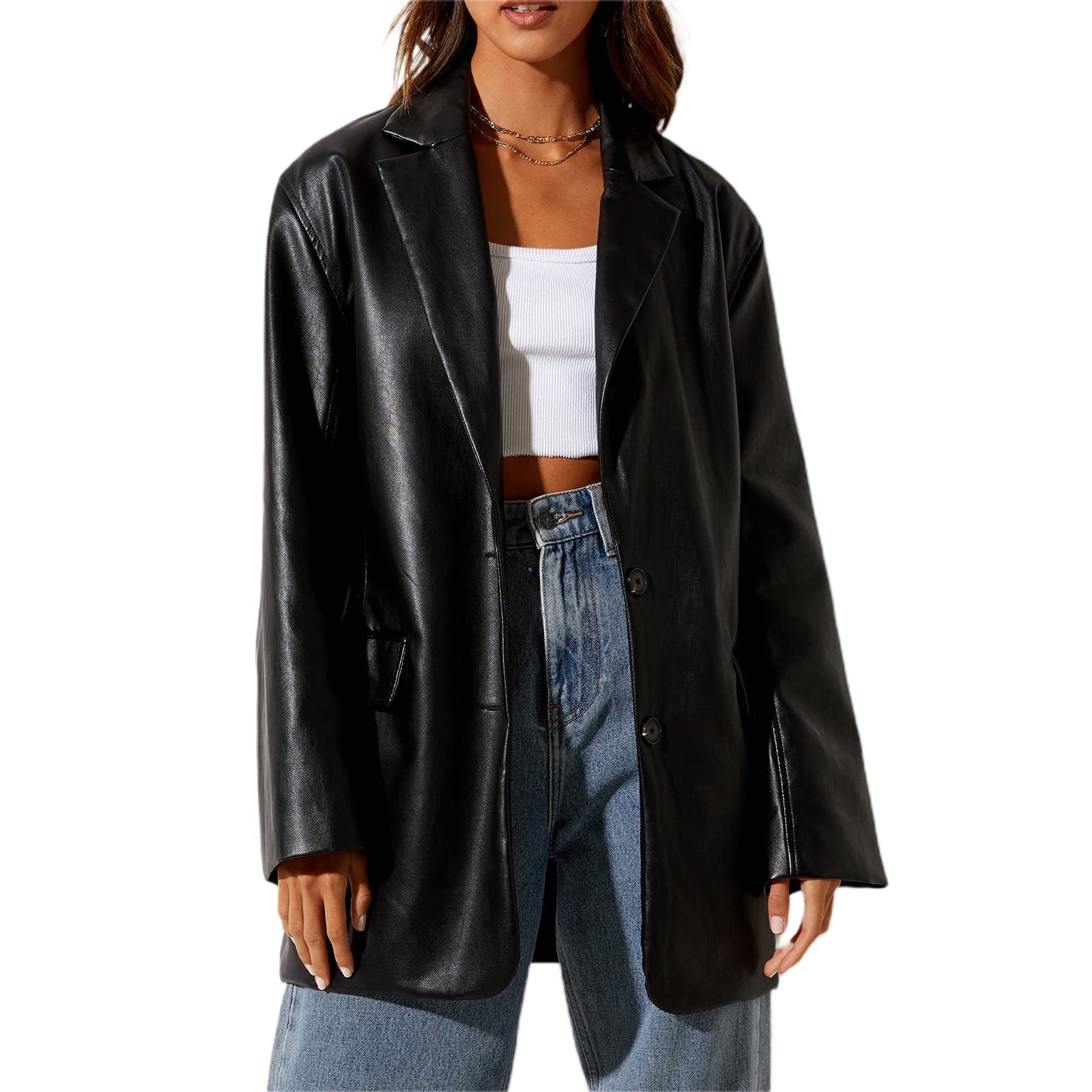 Women's Faux Leather Blazer Jacket - Oversized Vintage PU Leather Lapel Coat with Button Down Design | Streetwear Fashion for Office, Night Out & Casual Wear