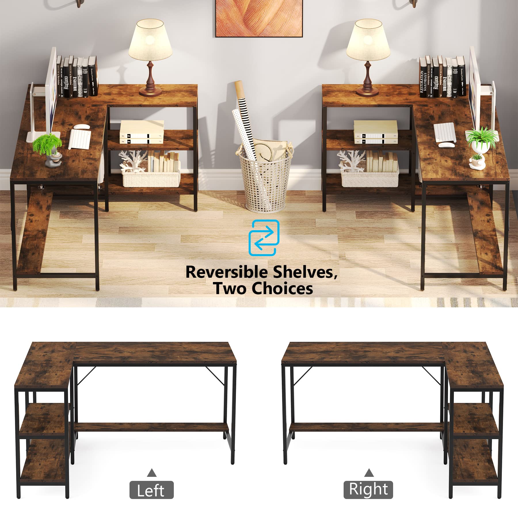 Tribesigns L-Shaped Computer Desk with Storage Shelves - Reversible Gaming Desk for Home Office, Study & Workstation - Rustic Brown Finish for Modern & Rustic Decor