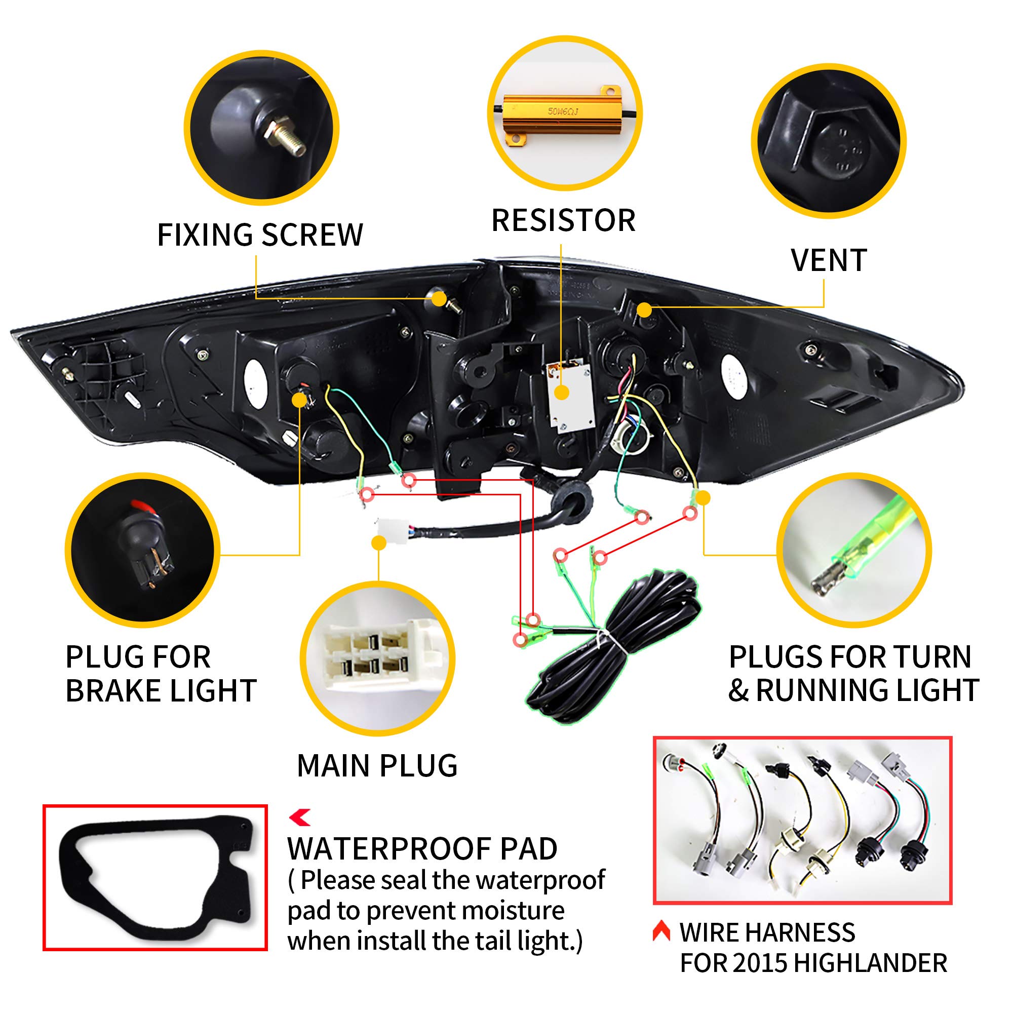 **YUANZHENG Full LED Sequential Tail Lights for Toyota Highlander 2015-2019 - Smoked Lens, Reverse/Running/Brake/Turn Signals - Perfect for Night Driving & Enhanced Safety**