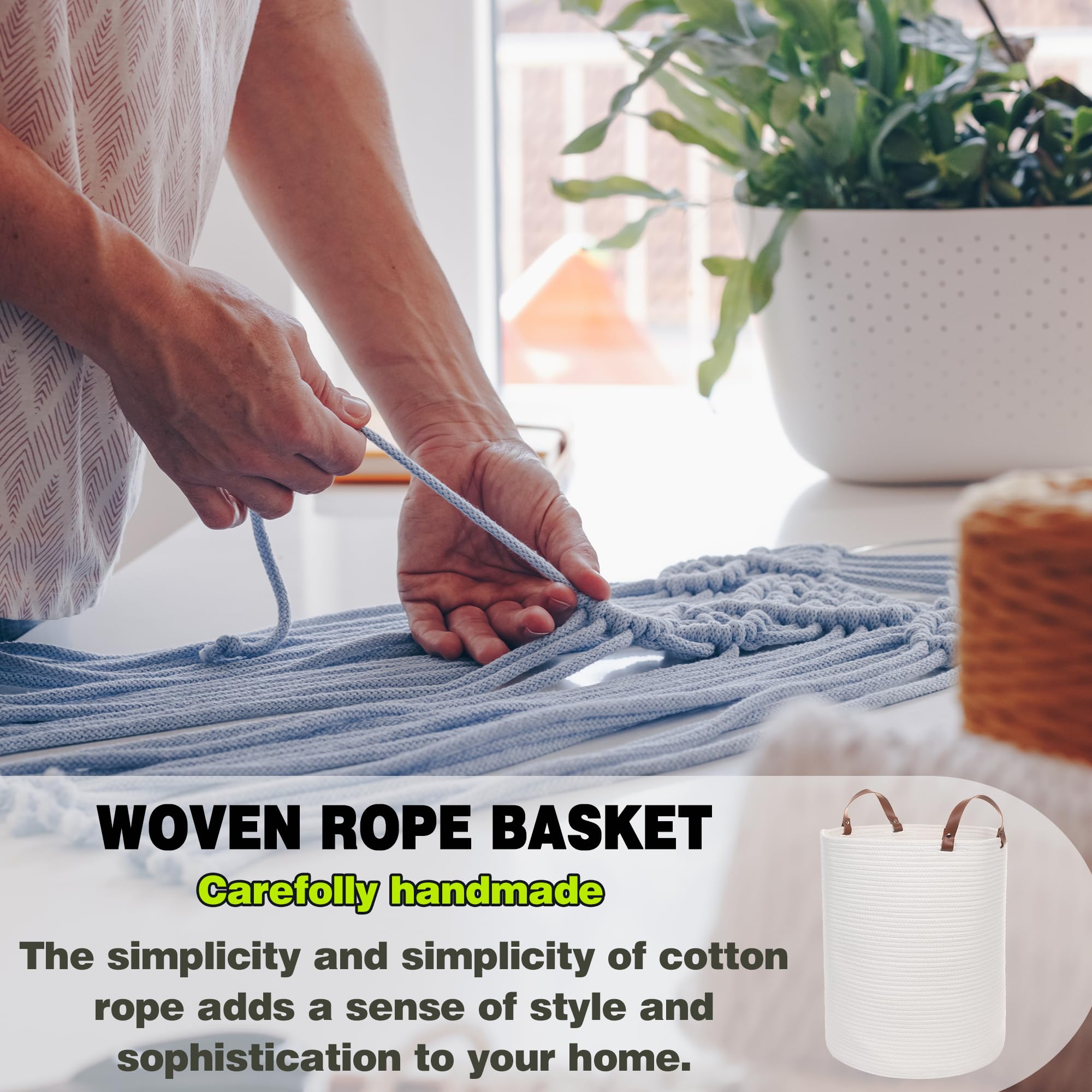 Twira Extra Large 20x16 Inches Cotton Rope Storage Basket with Leather Handle - Woven Baby Laundry, Blanket & Toy Organizer - Perfect for Nursery, Yoga Mat & Towel Storage (Black Stripes)