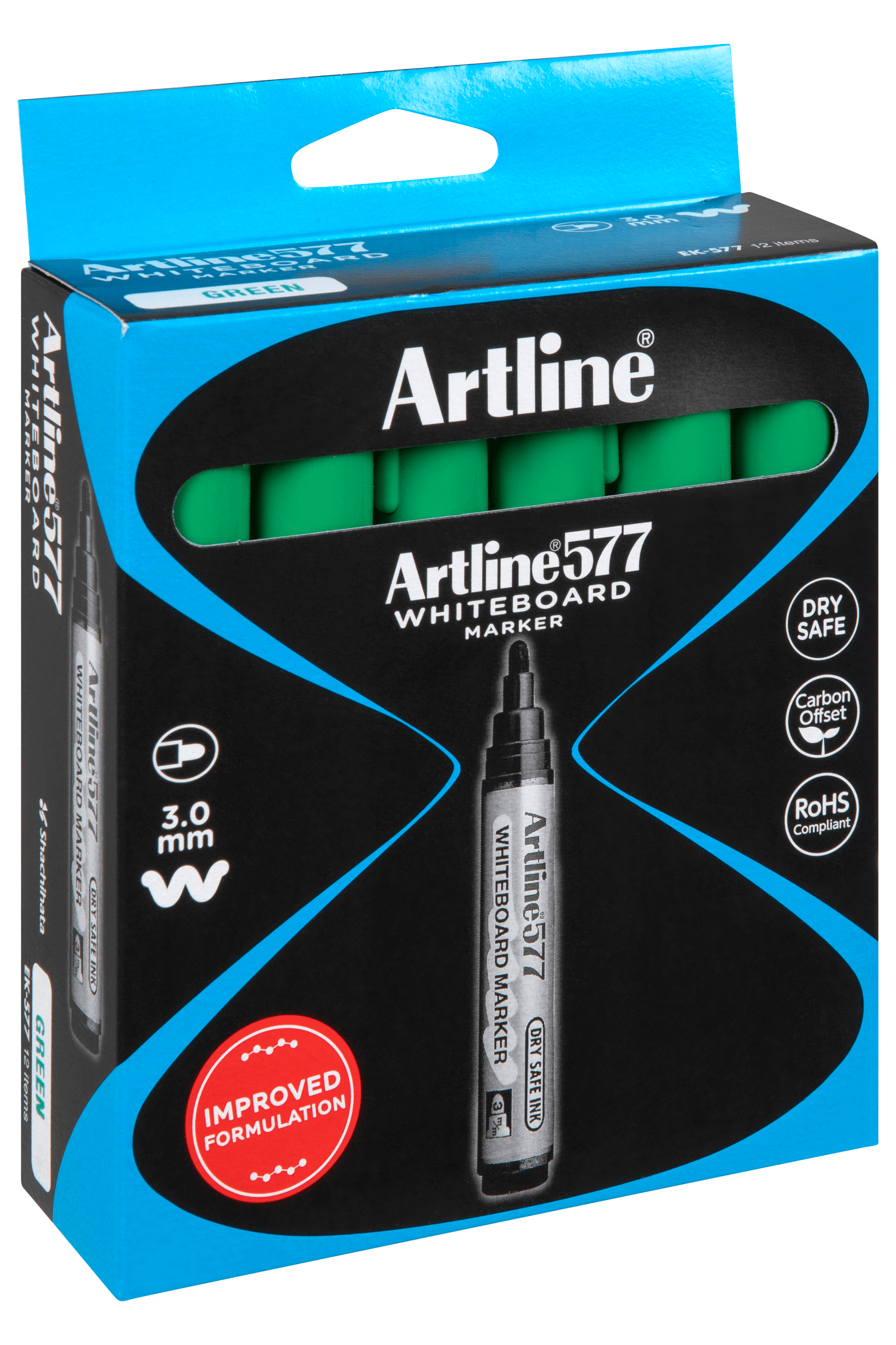 Artline 577 Whiteboard Marker - 3mm Bullet Tip, Green Ink, Pack of 12 - Perfect for Office, Classroom & Home Whiteboard Presentations