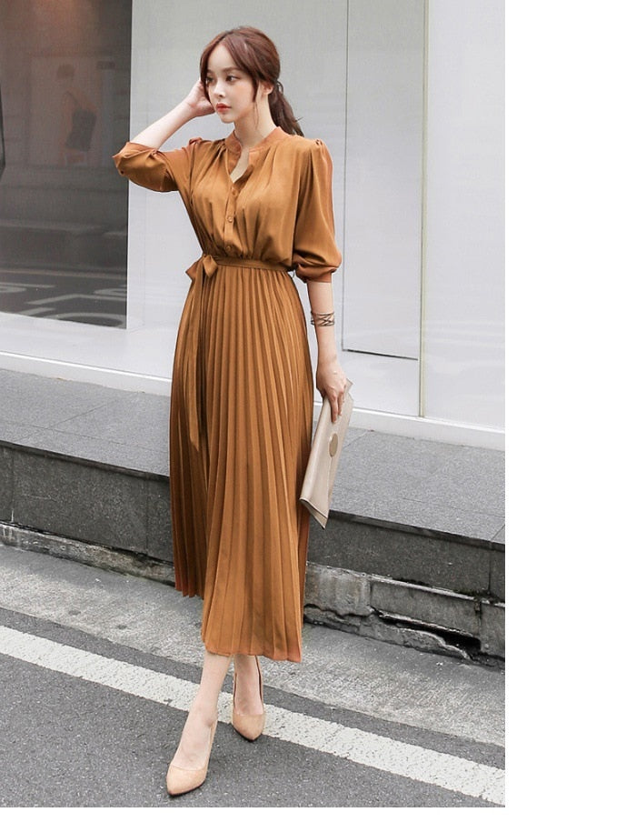 Elegant Chiffon Long Sleeve Shirt Dress for Women with Belt & Lace Up - A-Line Pleated Maxi Dress Korean Fashion Fall Clothes Streetwear - Perfect for Office, Date Night & Casual Outings
