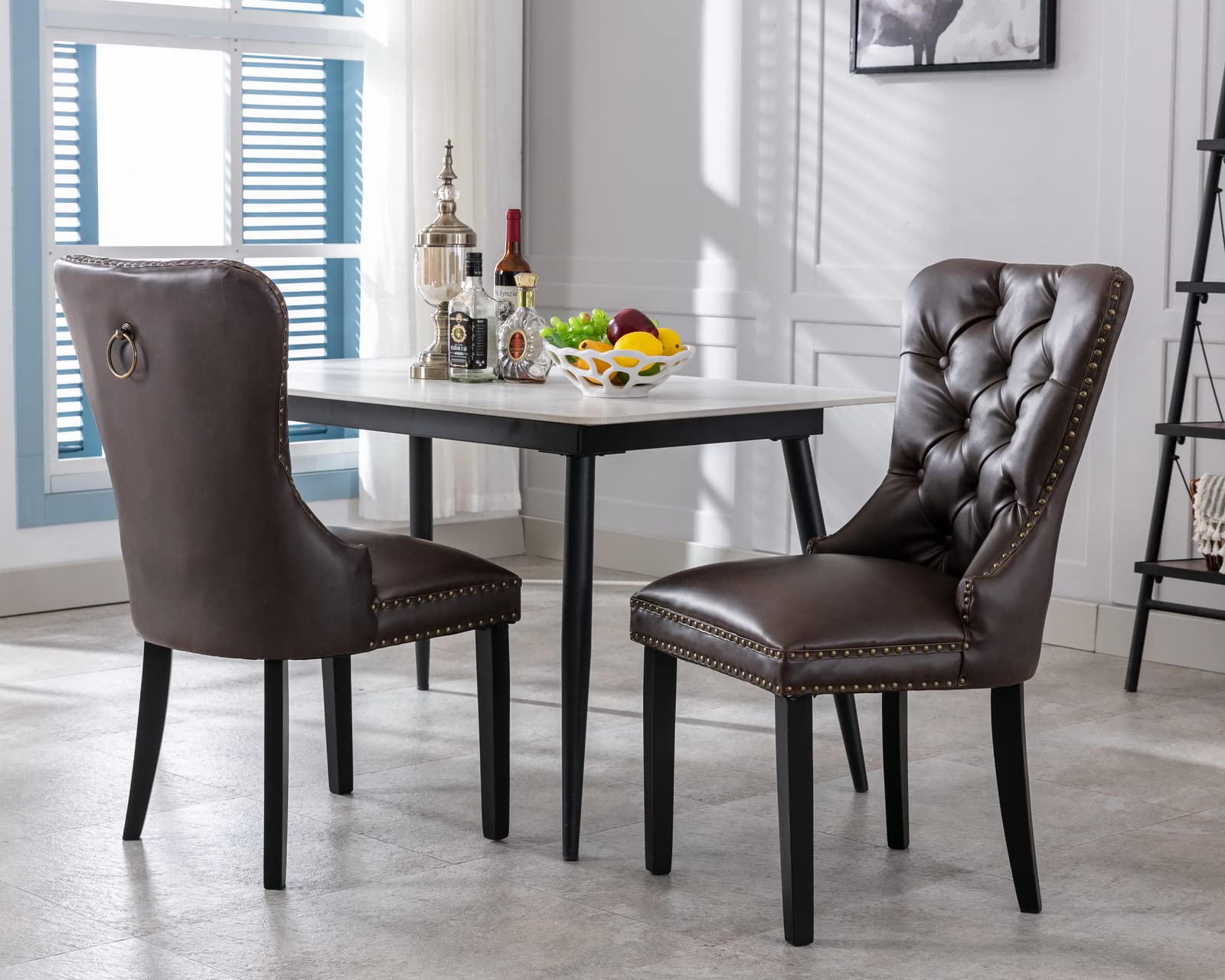 CIMOTA Dark Brown PU Leather Dining Chairs Set of 2 - Mid Century Modern Style Tufted Upholstered Kitchen Chairs with Nailhead Trim & Ring Back - Comfortable for Dining Room, Kitchen, Restaurant & Office (Espresso, 2 Pieces)