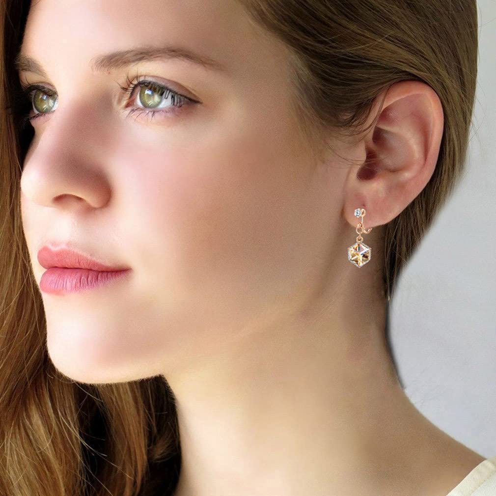 Austrian Crystal Drop Clip-On Earrings for Women - 14K Rose Gold Plated Hypoallergenic Non-Pierced Dangle Earrings | Elegant Party, Wedding & Evening Wear Jewelry