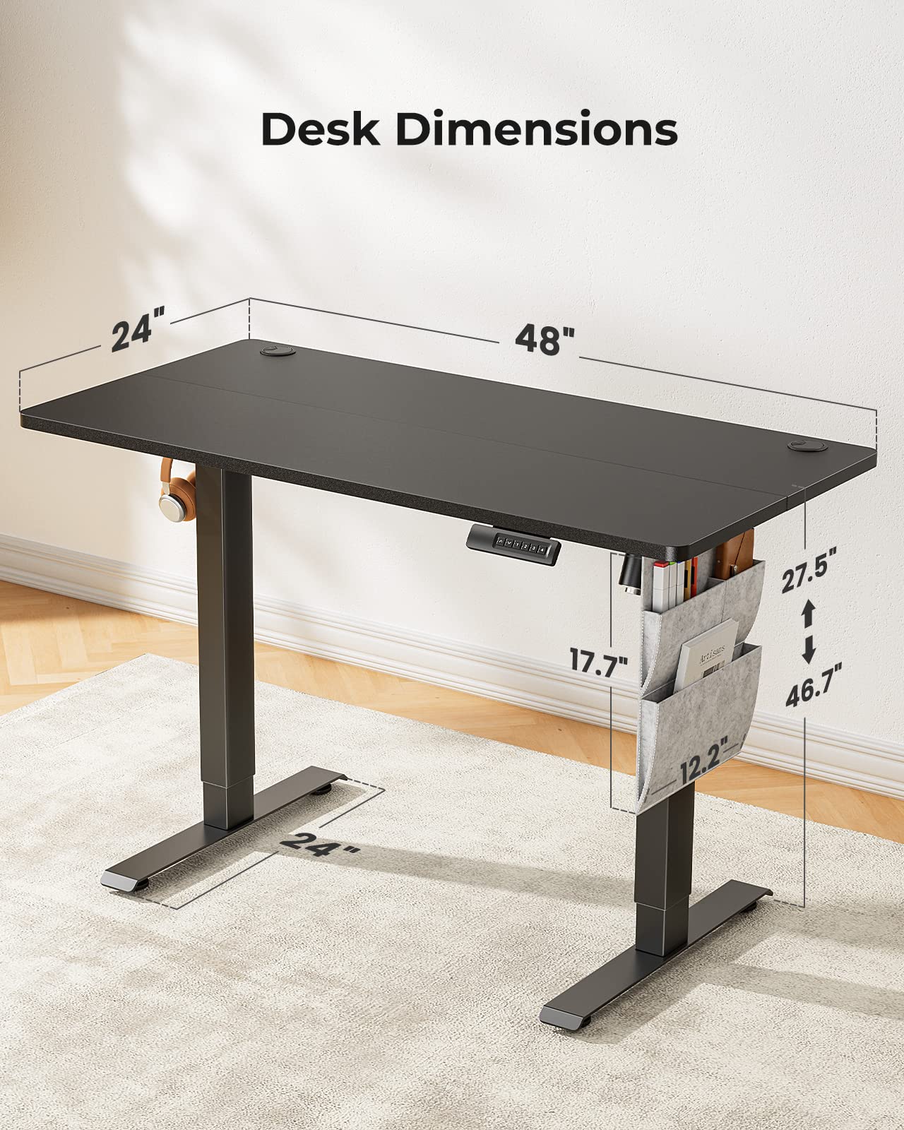 Marsail 48 x 24 Inch Electric Adjustable Height Standing Desk with Storage Bag - Sit Stand Desk for Home Office, Gaming & Workstation - 4 Memory Presets, Cable Management & Headphone Hook - Perfect for Remote Work, Video Calls & Ergonomic Workspace Setup