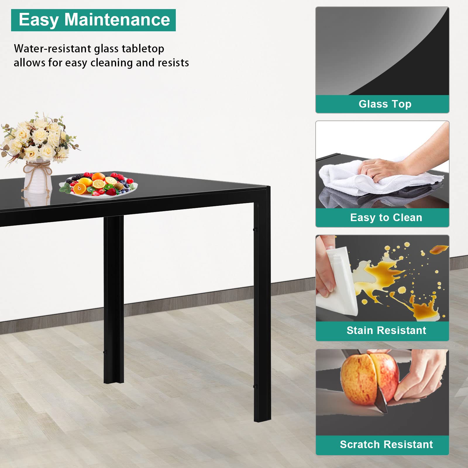 5-Piece Black Dining Table Set for 4 with Tempered Glass Top & Faux Leather Chairs - Space-Saving Kitchen Furniture for Small Apartments, Breakfast Nooks & Compact Dining Areas