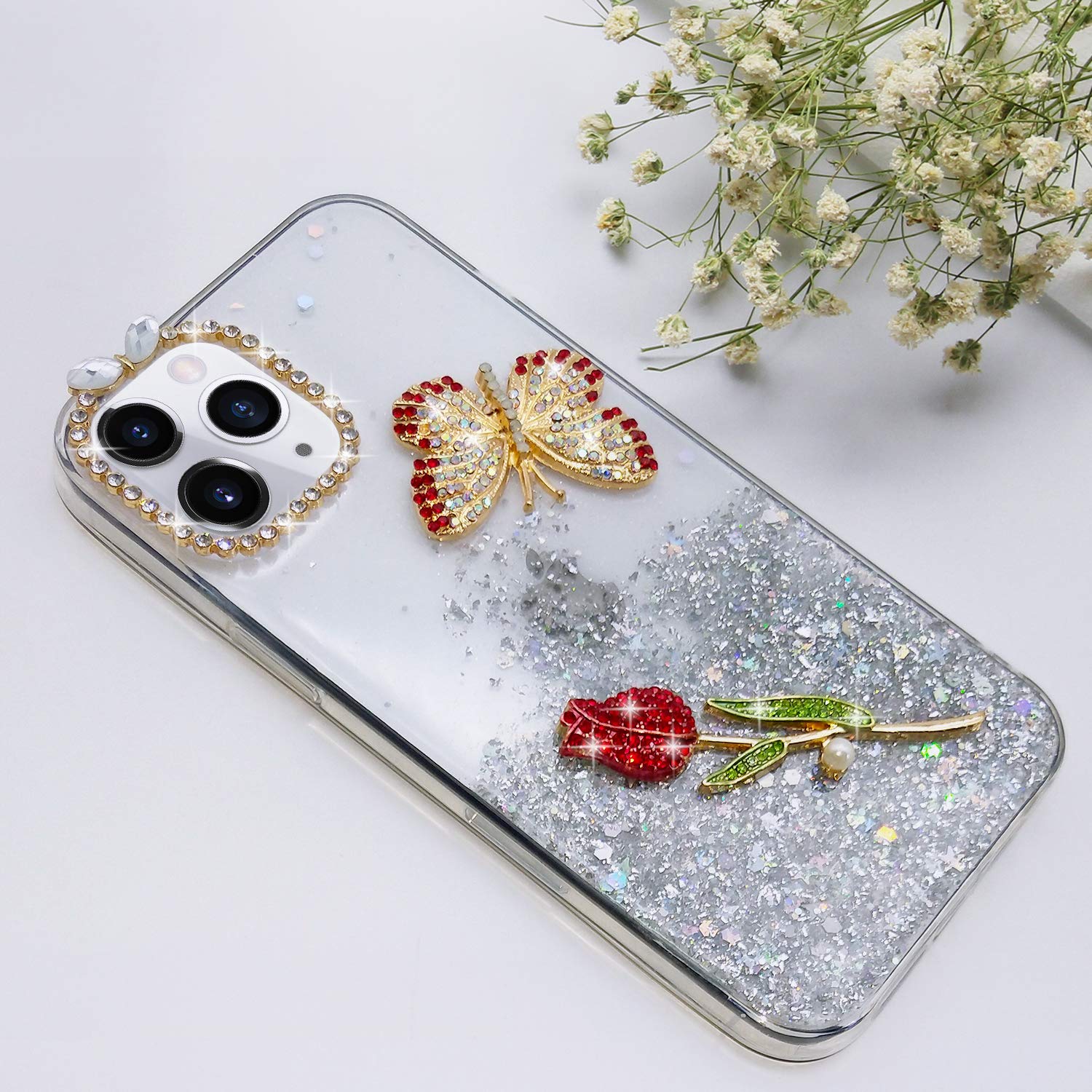 Luxury 3D Bling Glitter Rhinestone iPhone 12 Pro Case - Diamond Butterfly Flower Design, Sparkly Soft Silicone Protective Cover for Women & Girls (6.1