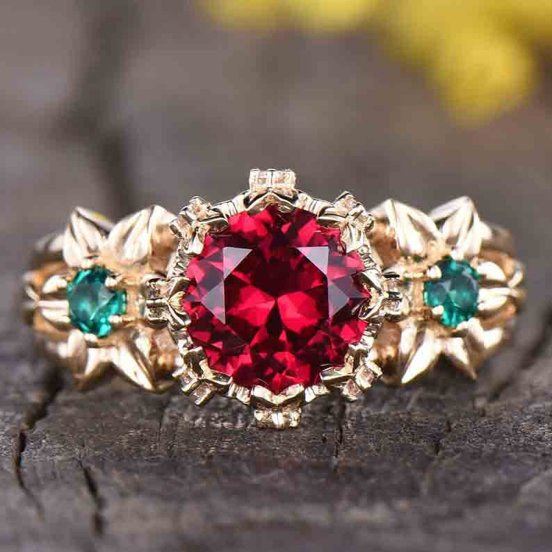 Vintage Ruby and Emerald Engagement Ring - Unique Floral Design for Wedding, Proposal, Anniversary, and Special Occasions