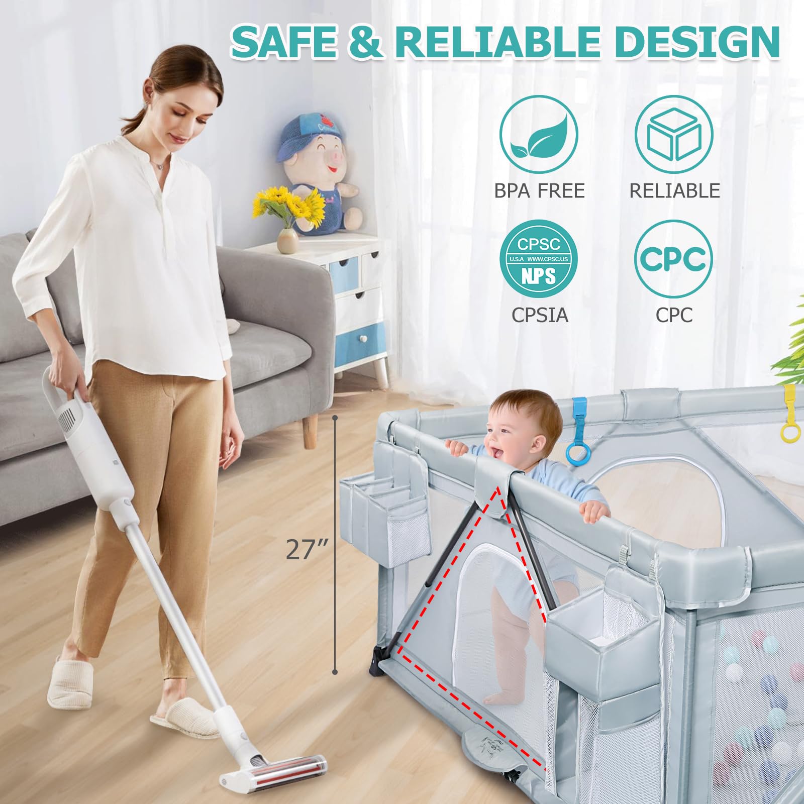 Foldable Baby Playpen for Toddlers - Large Portable Play Yard with 2 Storage Bags & 50 Balls (59