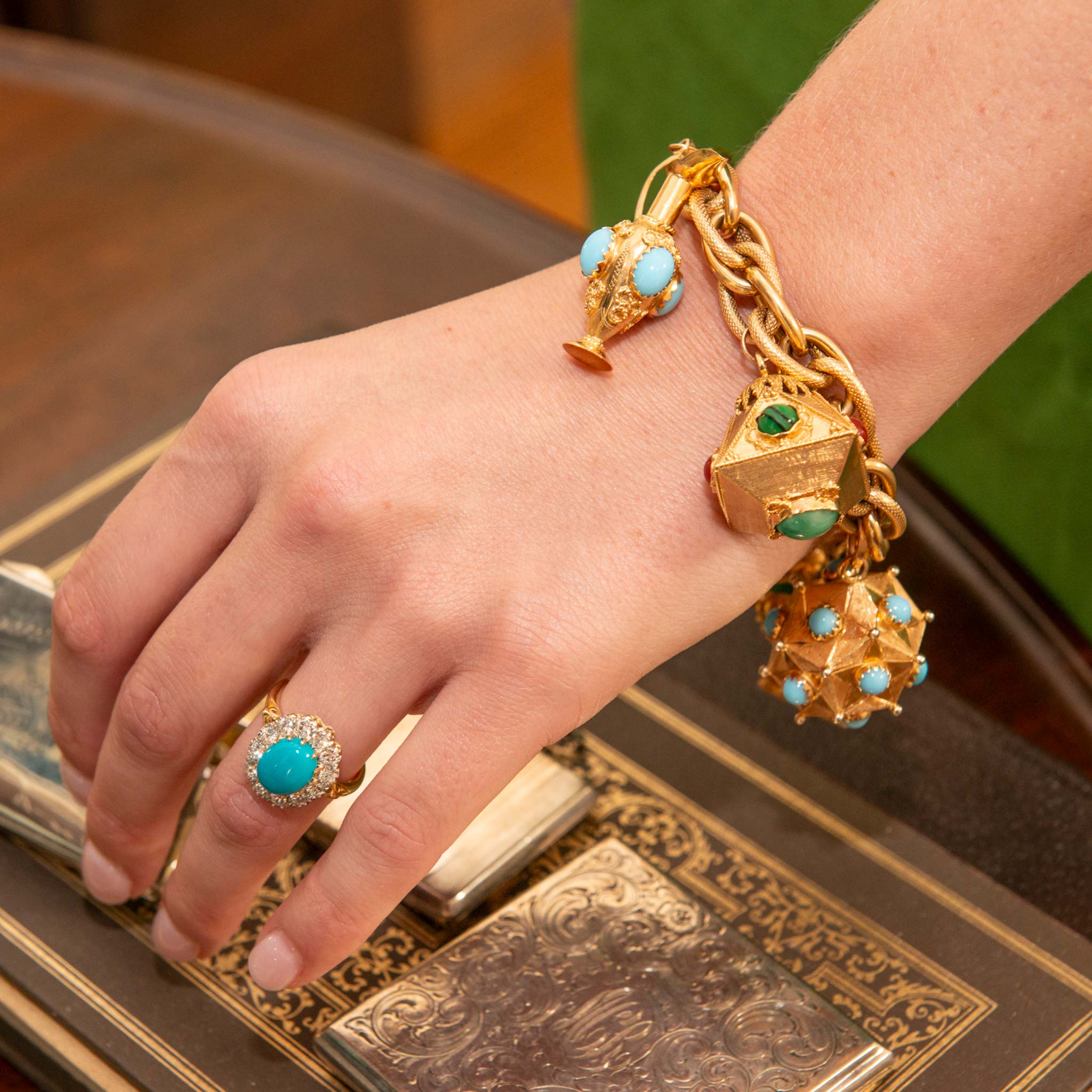 Vintage 18K Gold Multi-Stone Charm Bracelet with Fob - Elegant Jewelry for Women, Perfect for Parties, Weddings & Special Occasions