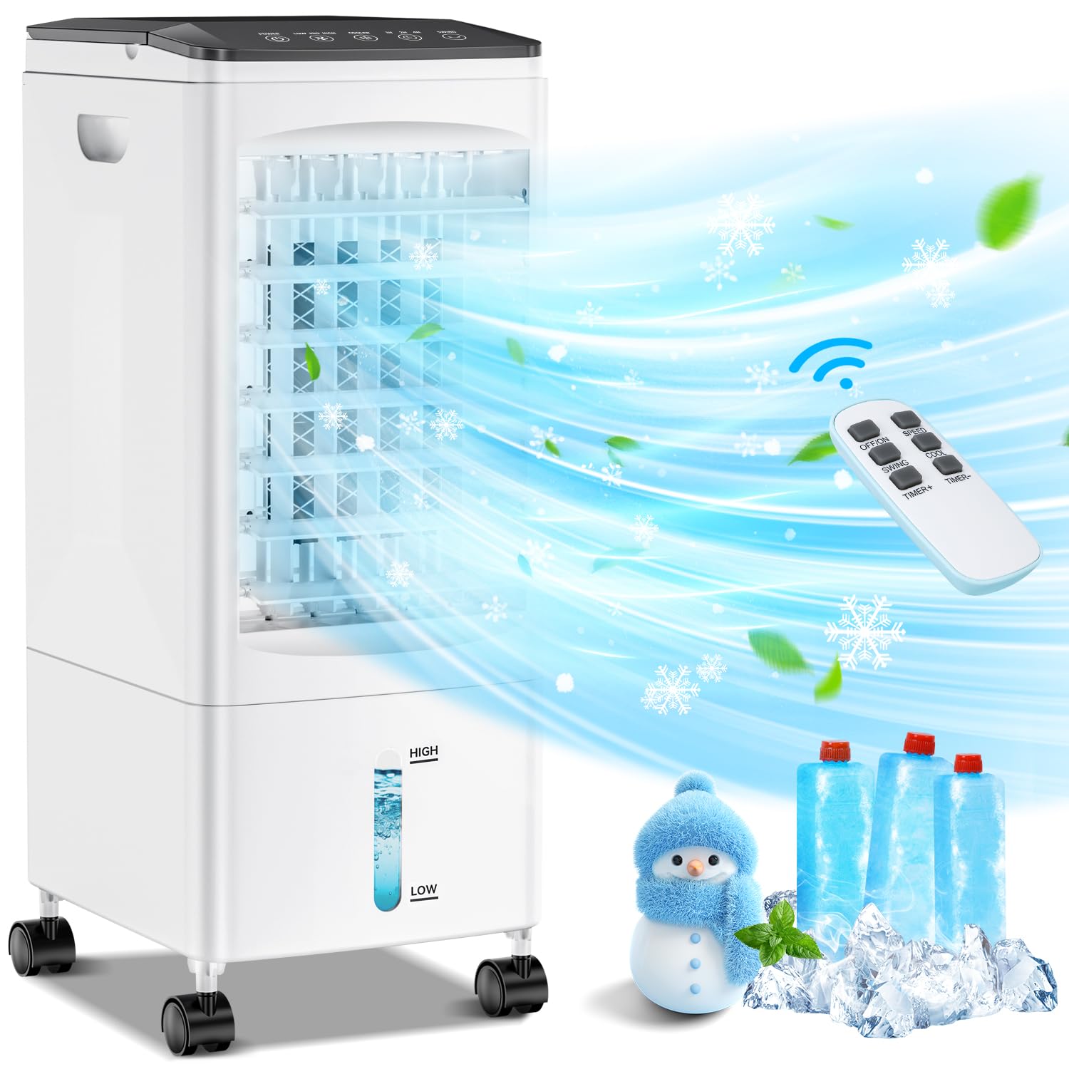 Portable Air Conditioner 3-in-1 Evaporative Air Cooler with Remote Control - 3 Speed Settings, 60° Oscillation, 1-7H Timer, 60W Energy Saving (Energy Class A++) - Perfect for Home, Office, Dorm & Small Spaces Cooling