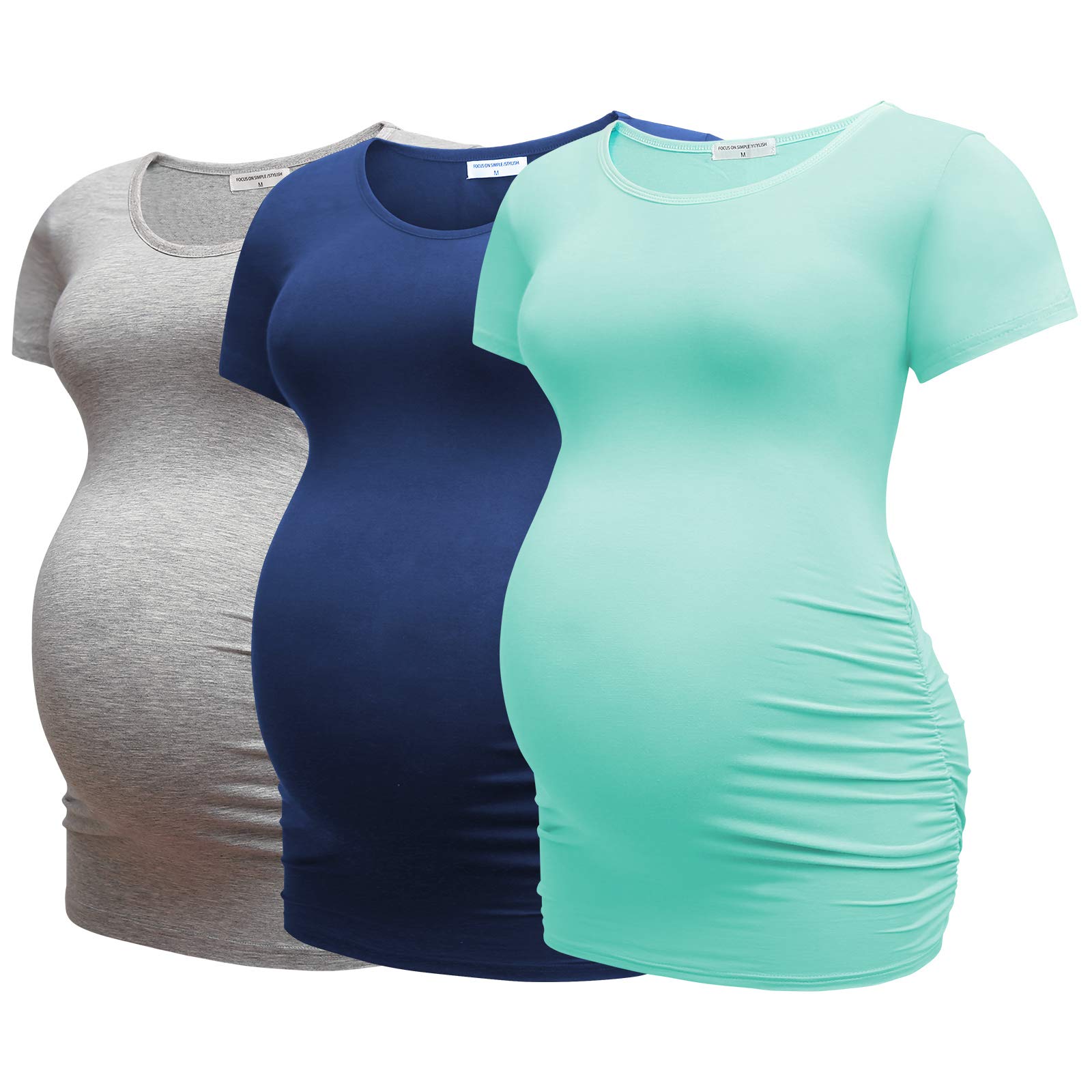 Bearsland Women's Maternity T-Shirts 3 Pack - Soft Side Ruched Pregnancy Tees for Expecting Moms | Comfortable Nursing & Everyday Wear for Pregnant Women