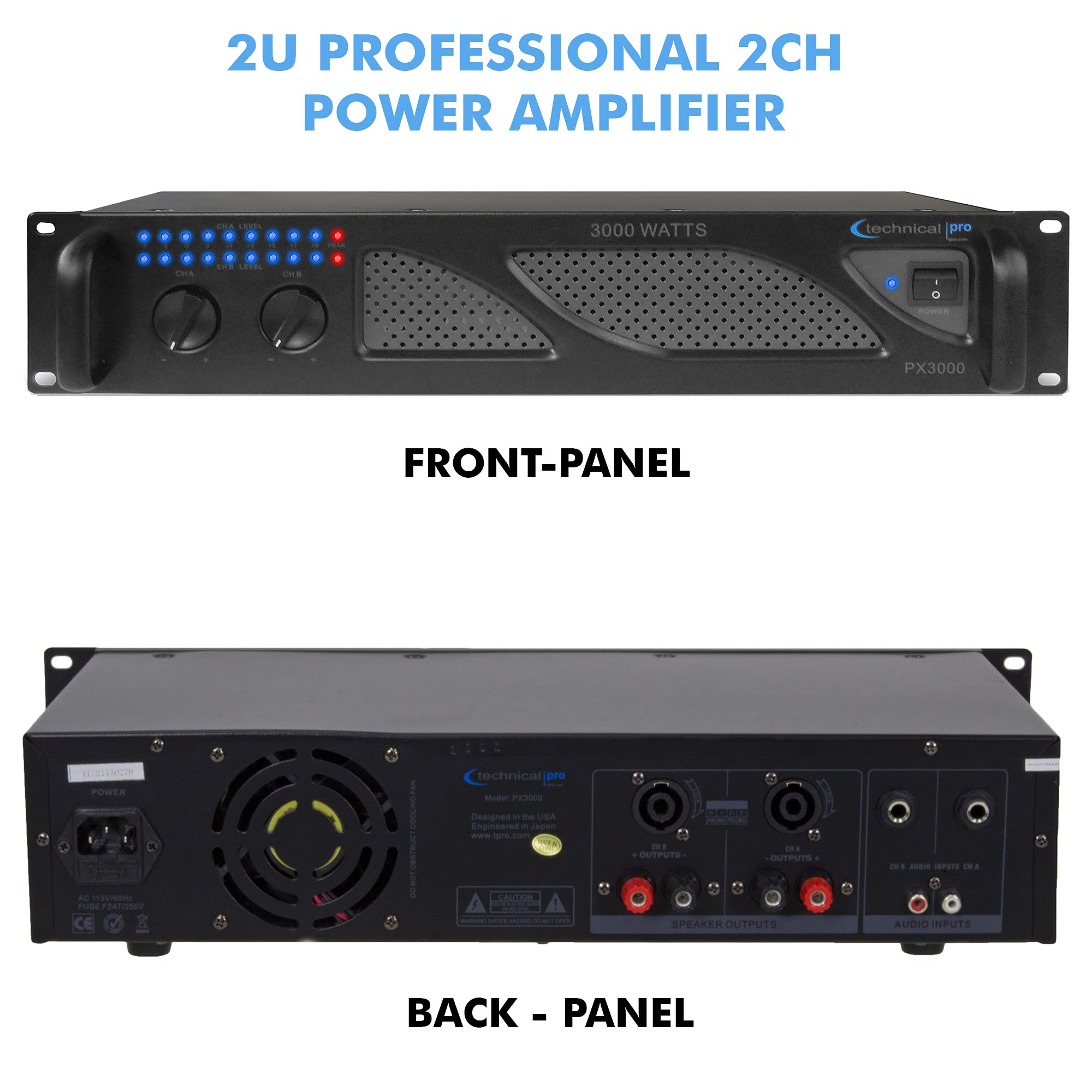 Technical Pro Professional 3000W 2U 2-Channel DJ Power Amplifier with Dual Cooling Fans & Power Stabilizer - Perfect for Nightclubs, Live Events & Professional DJ Setups