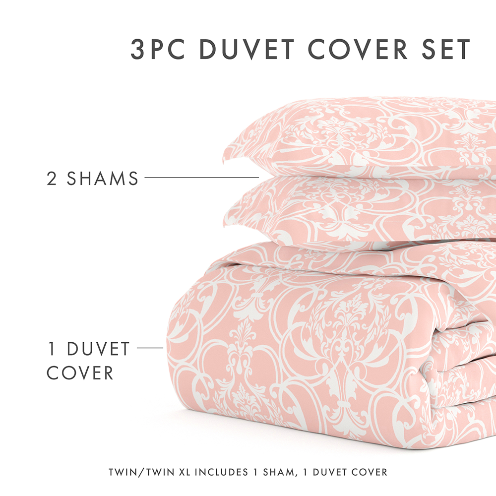 Romantic Damask Pattern 3-Piece Duvet Cover Set - Queen Size Bedding with Pillowcases - Luxury Floral Design for Master Bedroom Decor