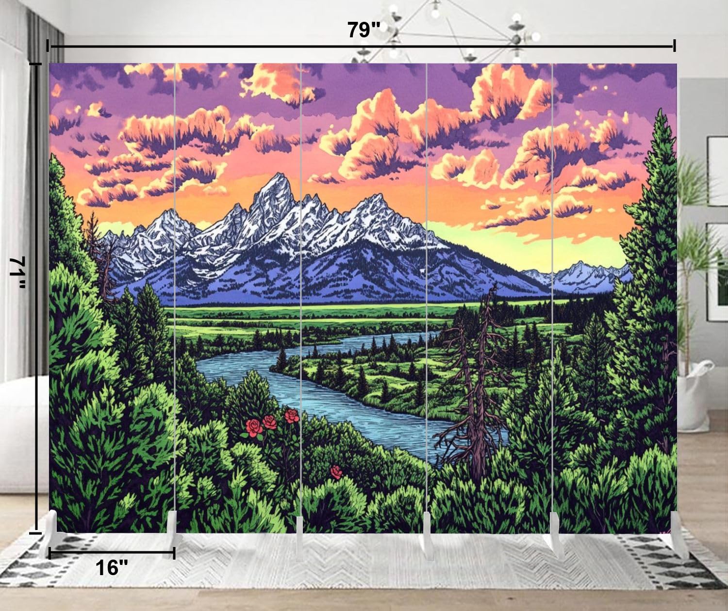 5-Panel Folding Room Divider - National Park Scenery with Sunset, Clouds & Snow-Capped Mountains - Freestanding Canvas Privacy Screen for Home Office, Bedroom & Living Room Separator