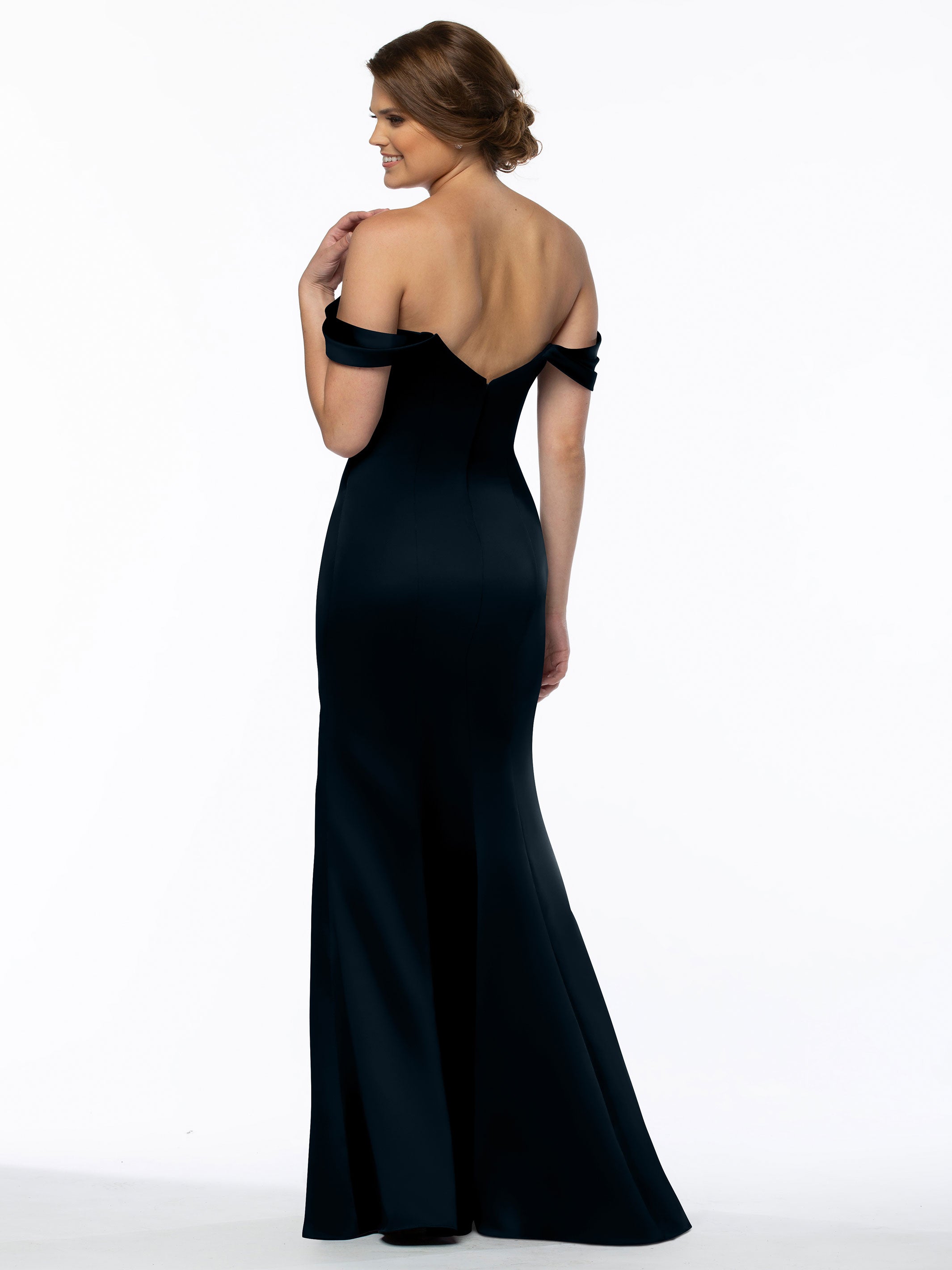 Elegant 80151 Fitted Satin Bridesmaid Dress with Off-The-Shoulder Sleeves - Perfect for Weddings, Formal Events & Special Occasions