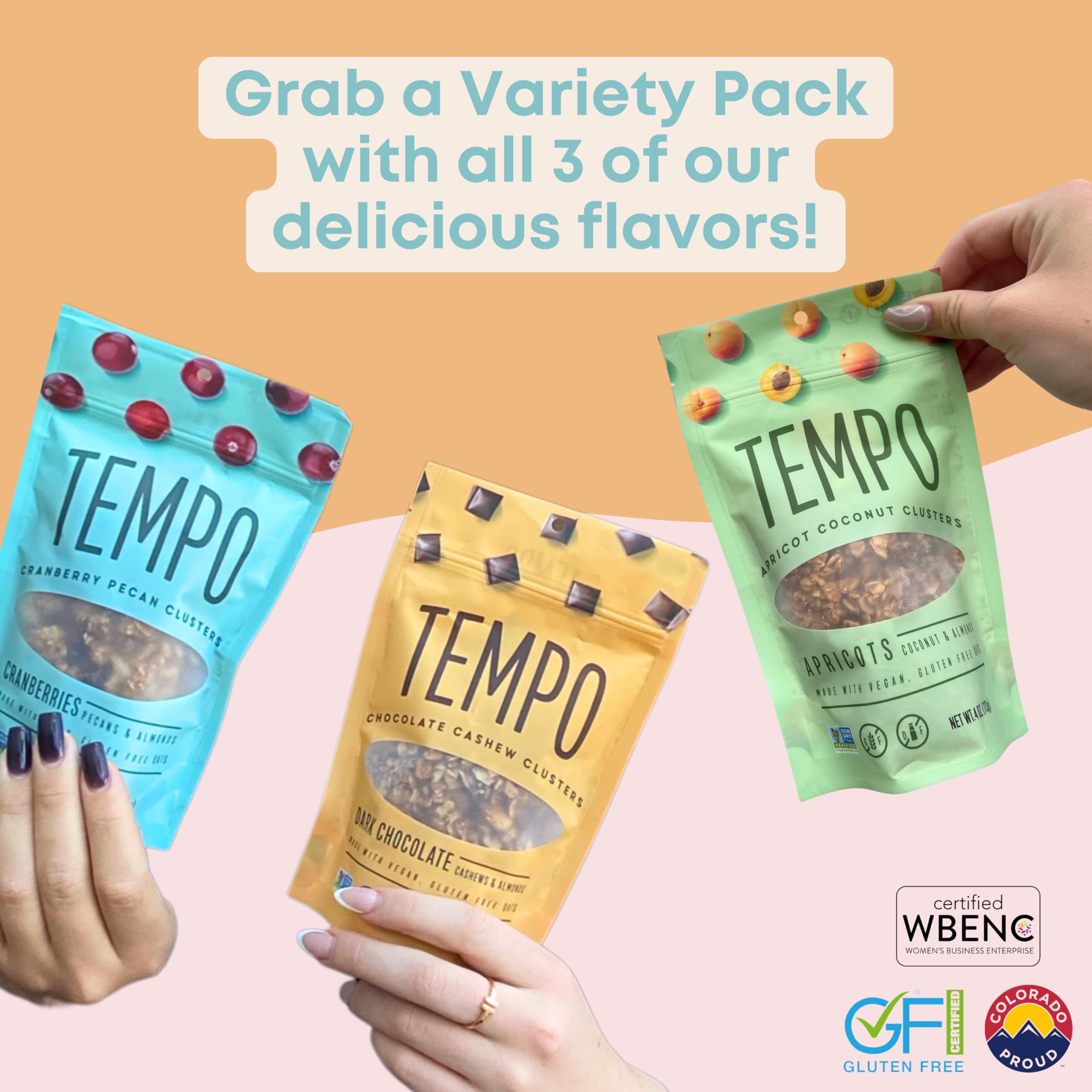 Tempo Granola Cluster Variety Pack - Dark Chocolate, Cranberry, Apricot - Vegan, Gluten Free, Low Sugar, High Protein Snack with Oats - Dairy Free, Soy Free, Prebiotics - 6 Pack - Perfect for Breakfast, Hiking & Healthy On-the-Go Snacking