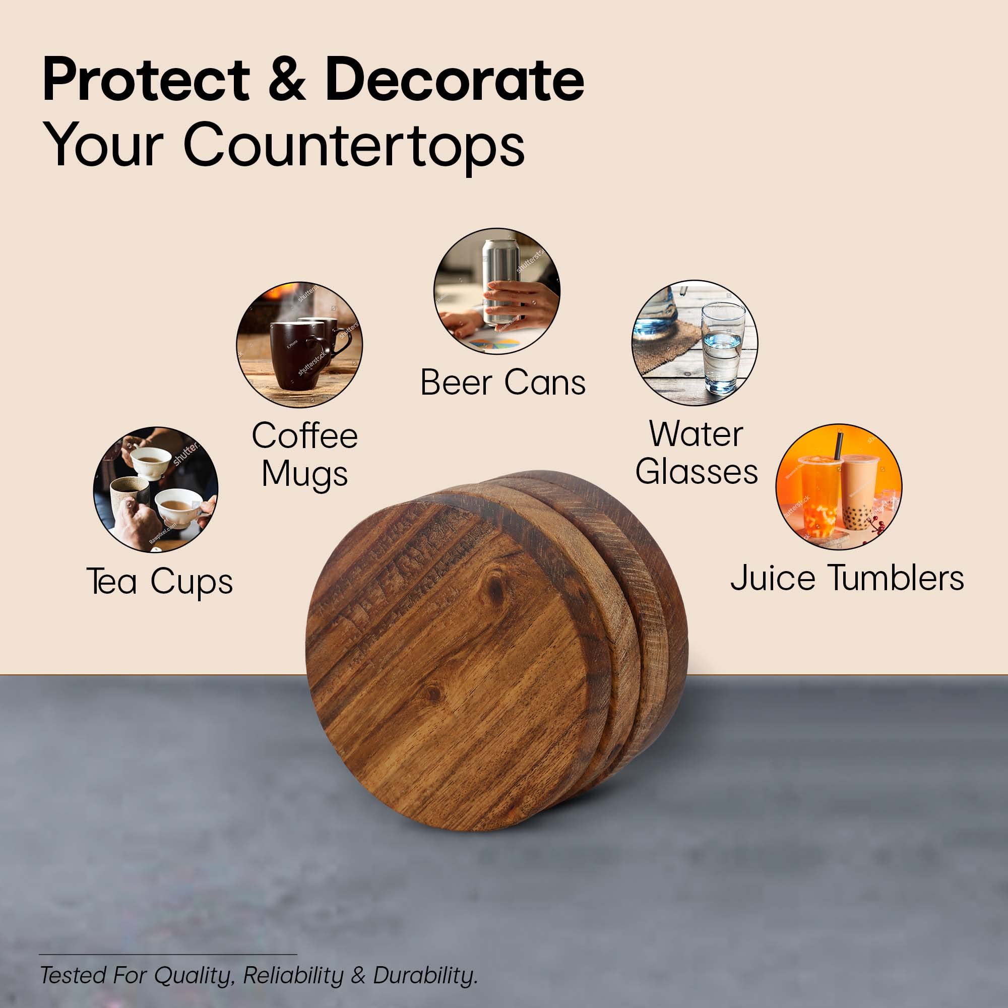 Anko Set of 4 Acacia Wood Coasters for Drinks - Reversible Tea & Coffee Coasters with Heat & Stain Resistance - 10cm Round Coasters for Dining Table, Coffee Mugs, Beer Cans & Water Glasses - Perfect for Home, Office & Restaurant Use