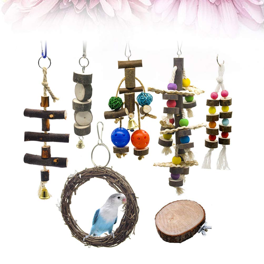 Balacoo Natural Wooden Parrot Chew Toy - 7pcs Hammock Swing & Hanging Bird Cage Toys for Parrots, Parakeets & Small/Large Birds | Cage Decoration & Stress Relief for Pet Birds