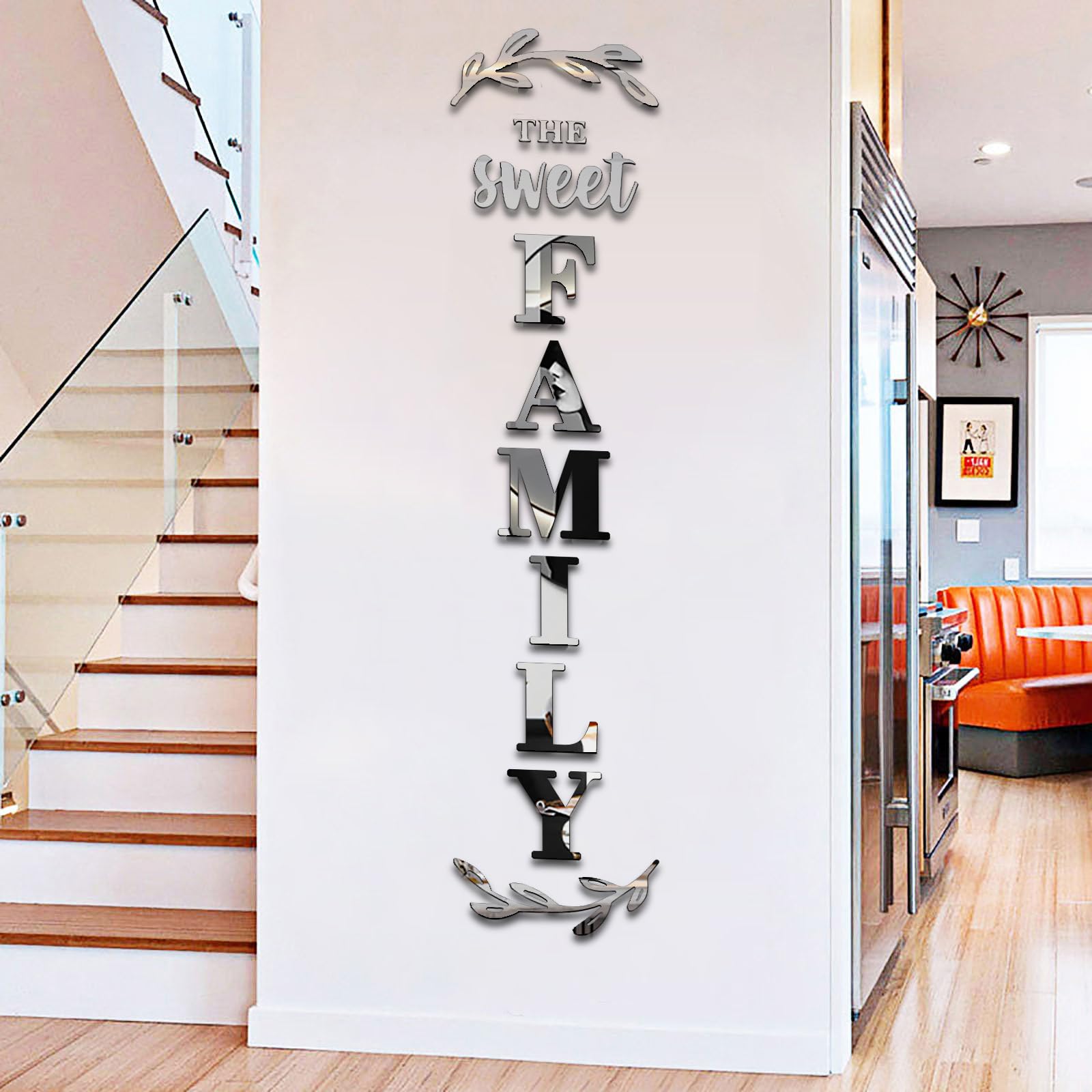 Family Letter Wall Decor - Peel & Stick Mirror Stickers for Living Room & Bedroom (Silver, 68x18 in) - Home Wall Art
