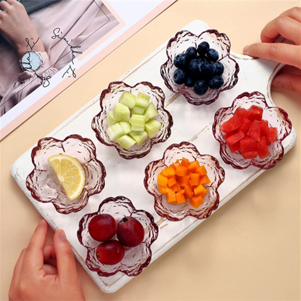 6 Pcs Sakura-Shaped Glass Seasoning Dishes - 3.4 Inch Small Dipping Bowls, Appetizer Plates & Cute Crystal Dessert Bowls in Pink - Perfect for Sushi, Soy Sauce, Snacks & Party Serving